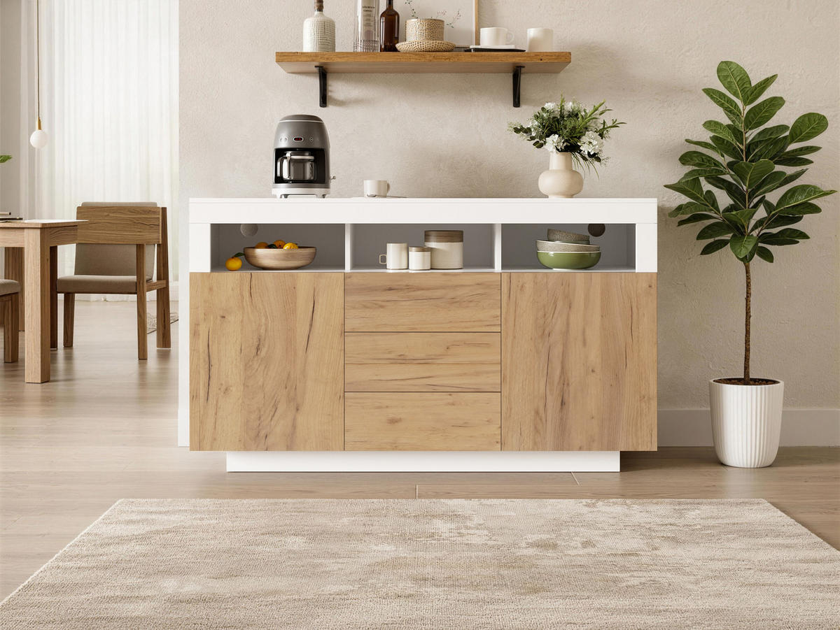 SIDEBOARD 140x40x85 cm mit 2 Türen und 3 Schubladen, Natur/Weiß - Weiß, Holzwerkstoff (140/85/40cm)