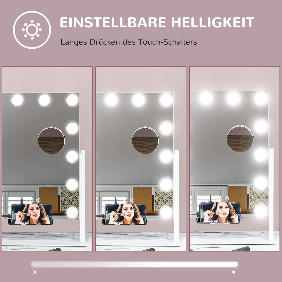 HOLLYWOOD Spiegel mit Beleuchtung, Schminkspiegel mit 12 LED Licht, 3 Lichtfarben - Weiß, Glas (8.5/45.5/36.5cm) - HOMCOM