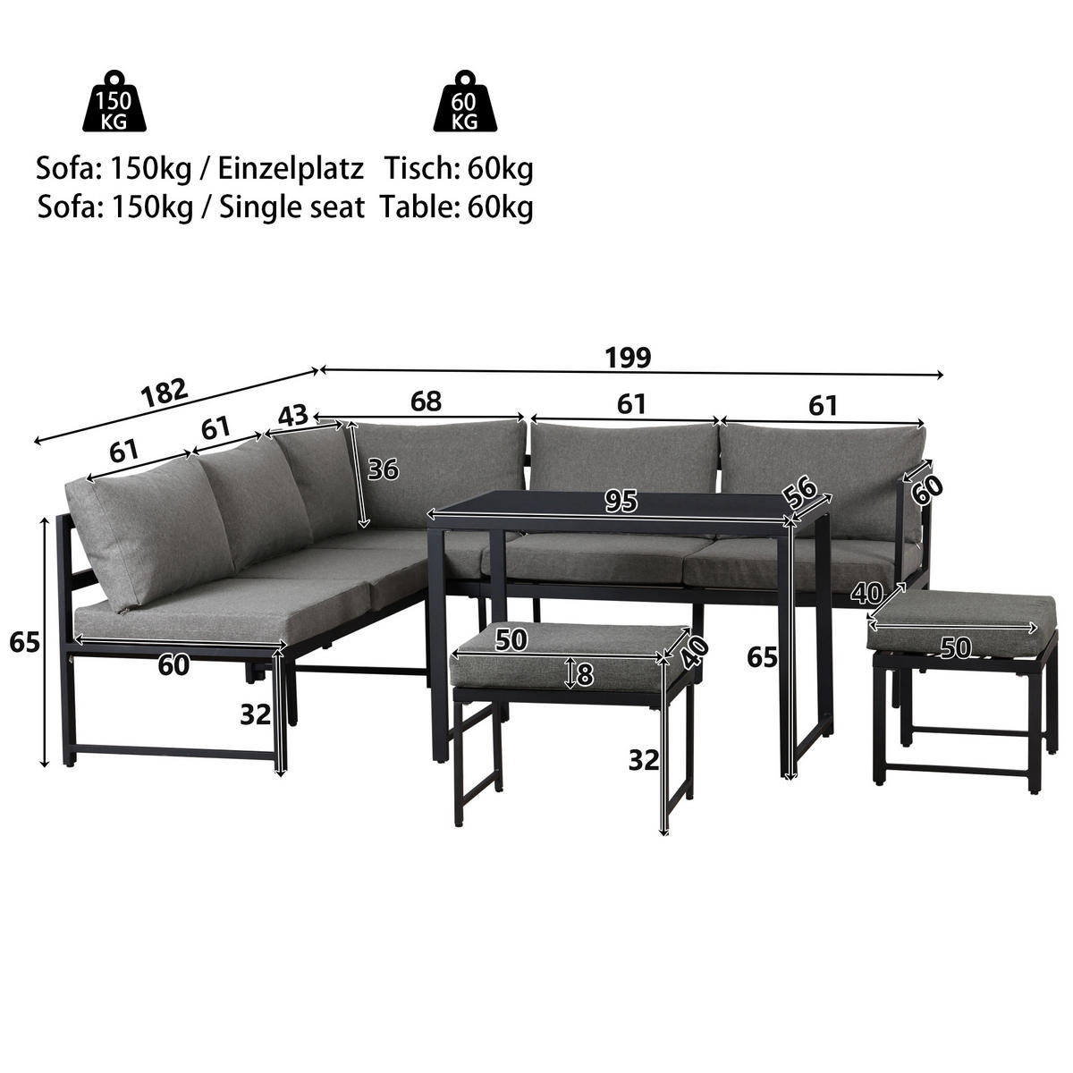 LOUNGESESSEL Set aus Aluminium mit Liegefunktion 4fach verstellbare Rückenlehne weiche Sitz und Rückenkissen Grau - Grau, Metall