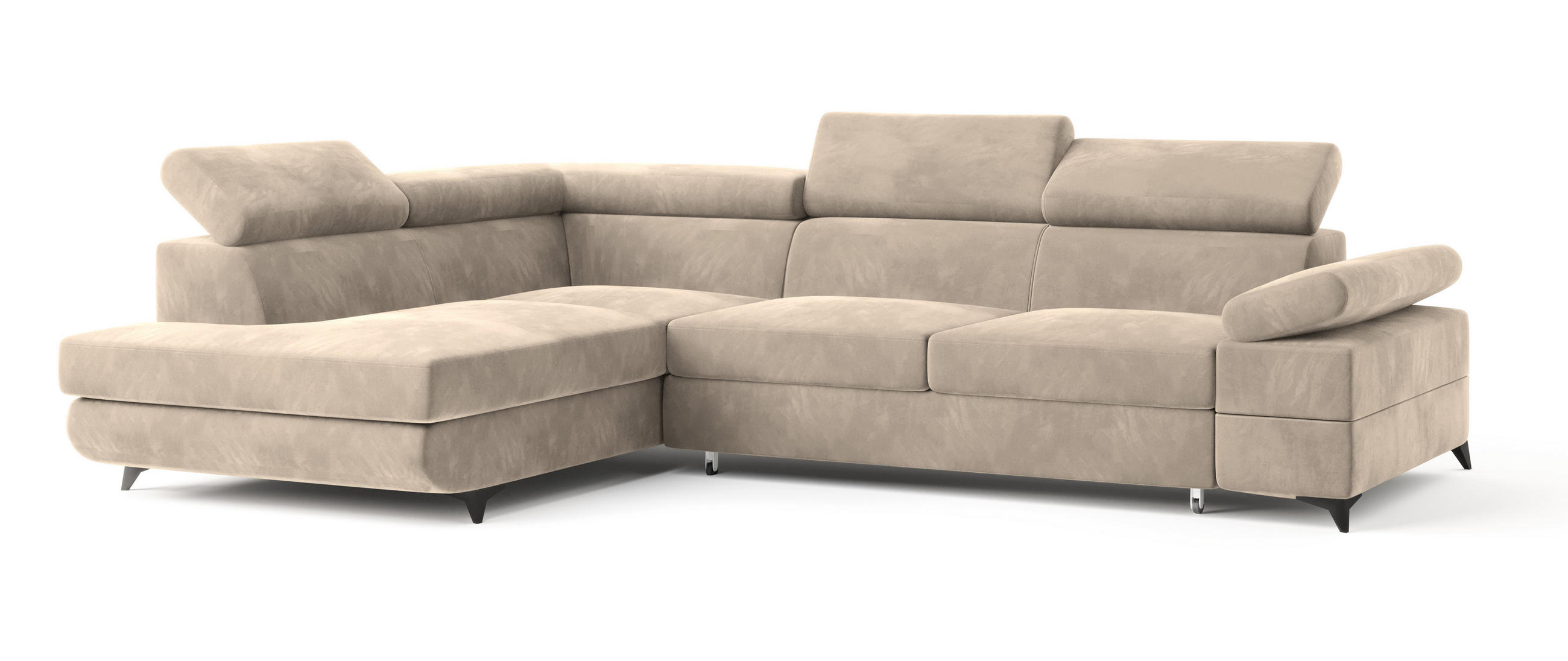 ECKSOFA FAVIEN L-S Creme Velours-Stoff mit Schlaffunktion - Creme, Holz (257/190cm) - MASSENO