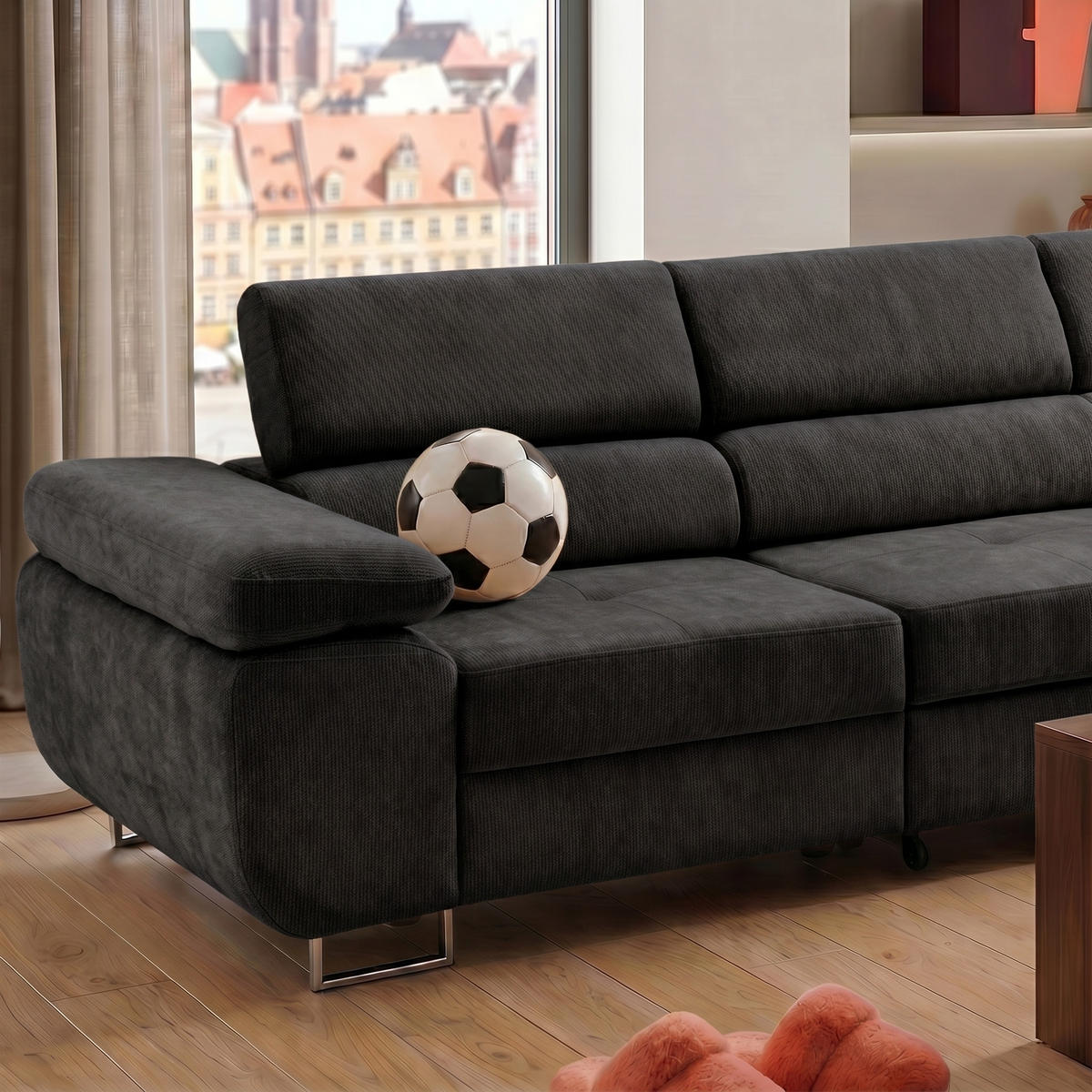 ECKSOFA WILD MAXI L Rechts mit Schlaffunktion 125x195 Chenille Schwarz - Chromfarben/Schwarz, Holz/Textil (350/203cm) - Muffo