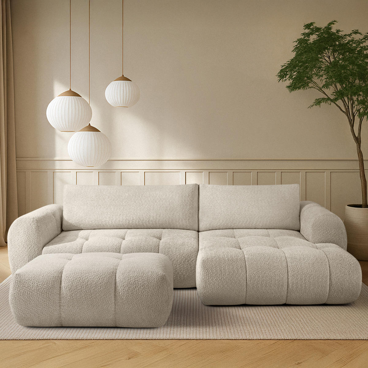 ECKSOFA MIT HOCKER LIRA, Weiß, Bouclé - Weiß, Holz/Holzwerkstoff (96/50cm) - KONSIMO®