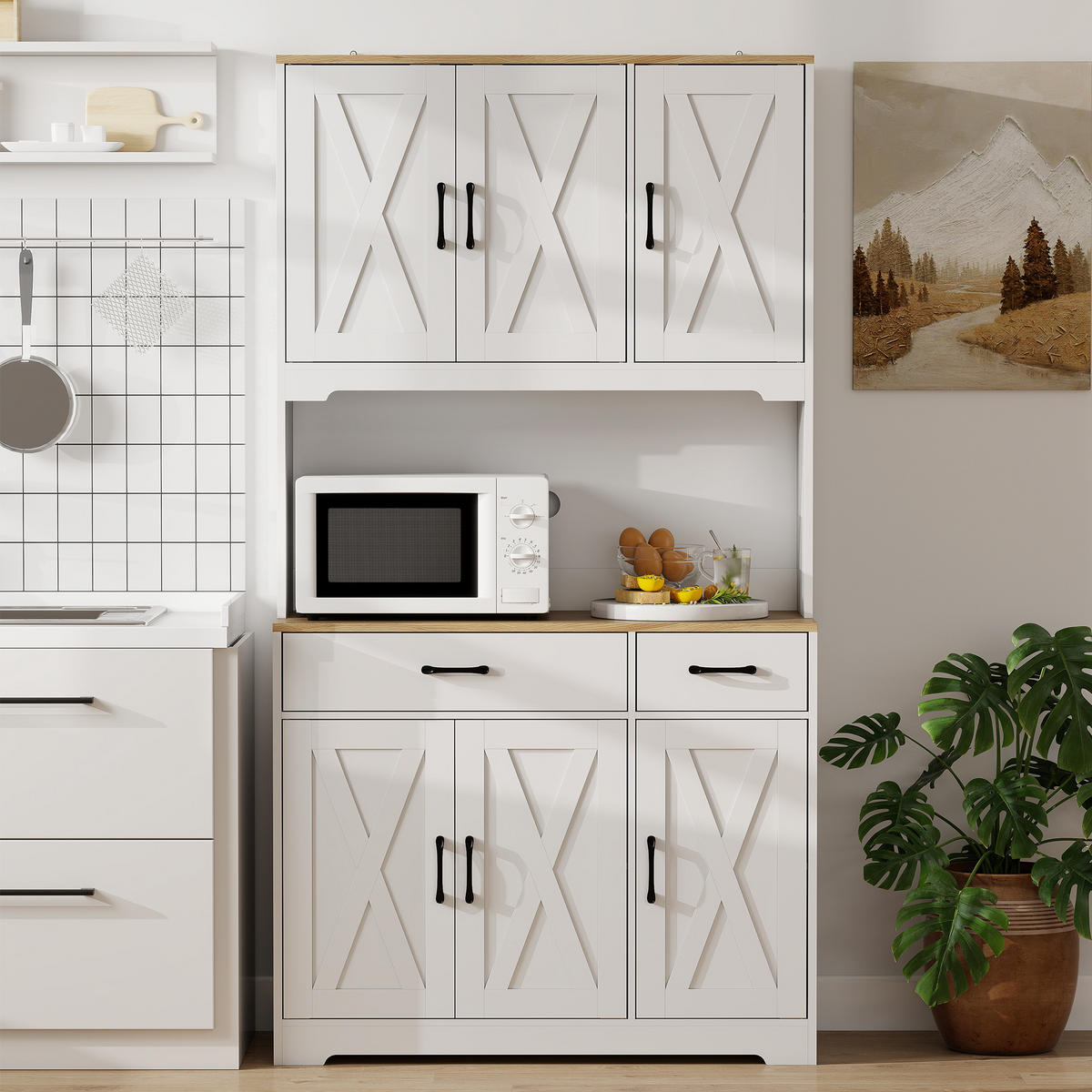 BUFFET DE-11231 6 Türen & 2 Schubladen mit Arbeitsplatte Weiß - Weiß, Holzwerkstoff (39.5/175.2/94cm) - ComfortXL