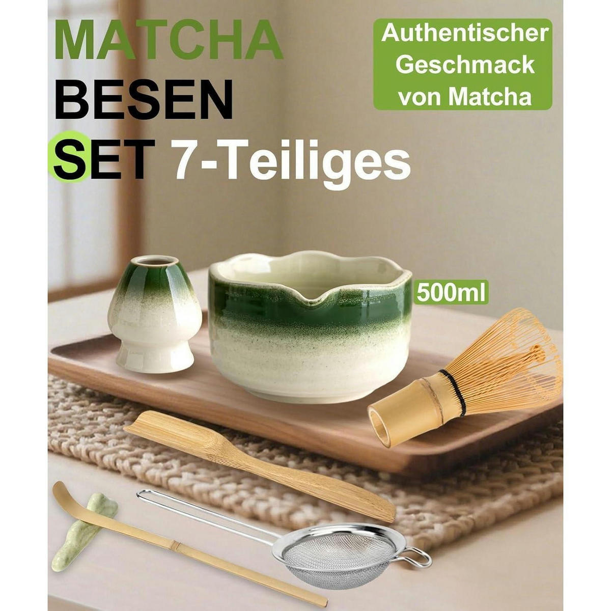 MATCHA Set 7-teilig mit Bambusbesen und Schale - Grün, Keramik (15/10/20cm)