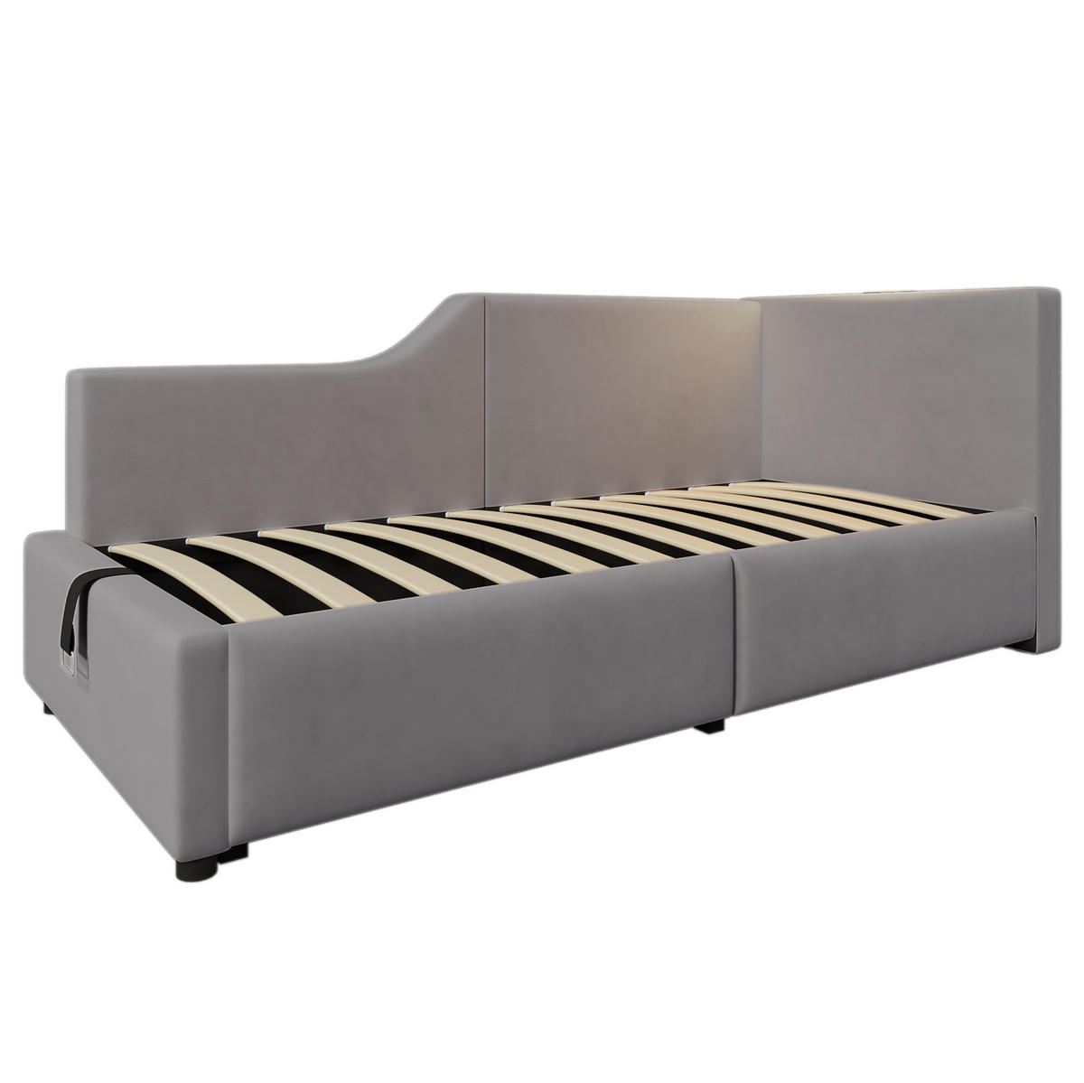 POLSTERBETT 90/200 cm mit hydraulischem Stauraum, Leselampe und USB-C-Anschluss, Samt, Grau - Grau, Holz (90/200cm) - Redom