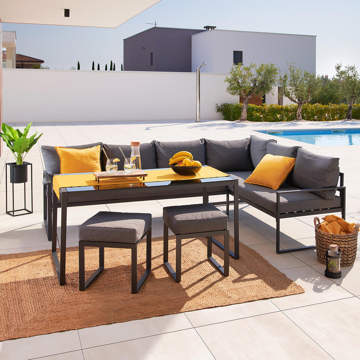 GARTENSITZGRUPPE - Stahl / Polyester - Schwarz / Grau - 5-teilig - Schwarz/Grau, Glas/Textil - home24