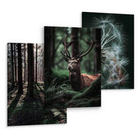 LEINWANDBILDER 3-er Set Wald Hirsch 3D - Schwarz/Weiß, Textil (90/40cm) - Muralo
