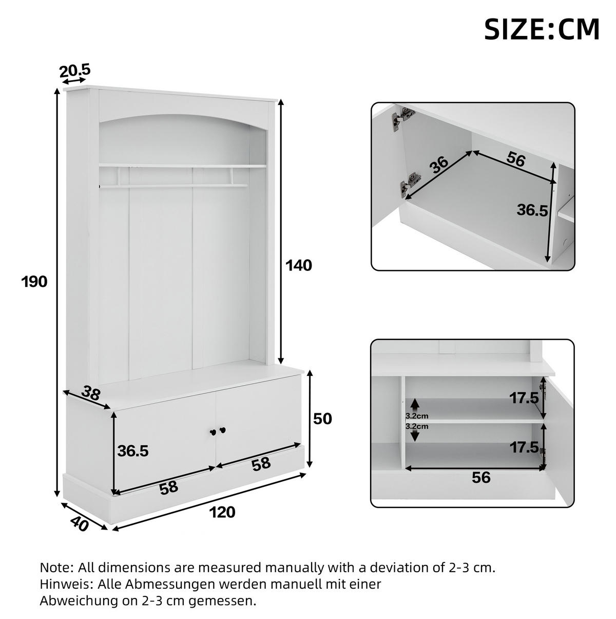 GARDEROBE 120/190/40 cm Weiß aus Spanplatte mit Schuhbank - Weiß, Holzwerkstoff (40/190/120cm) - OKMYHOME