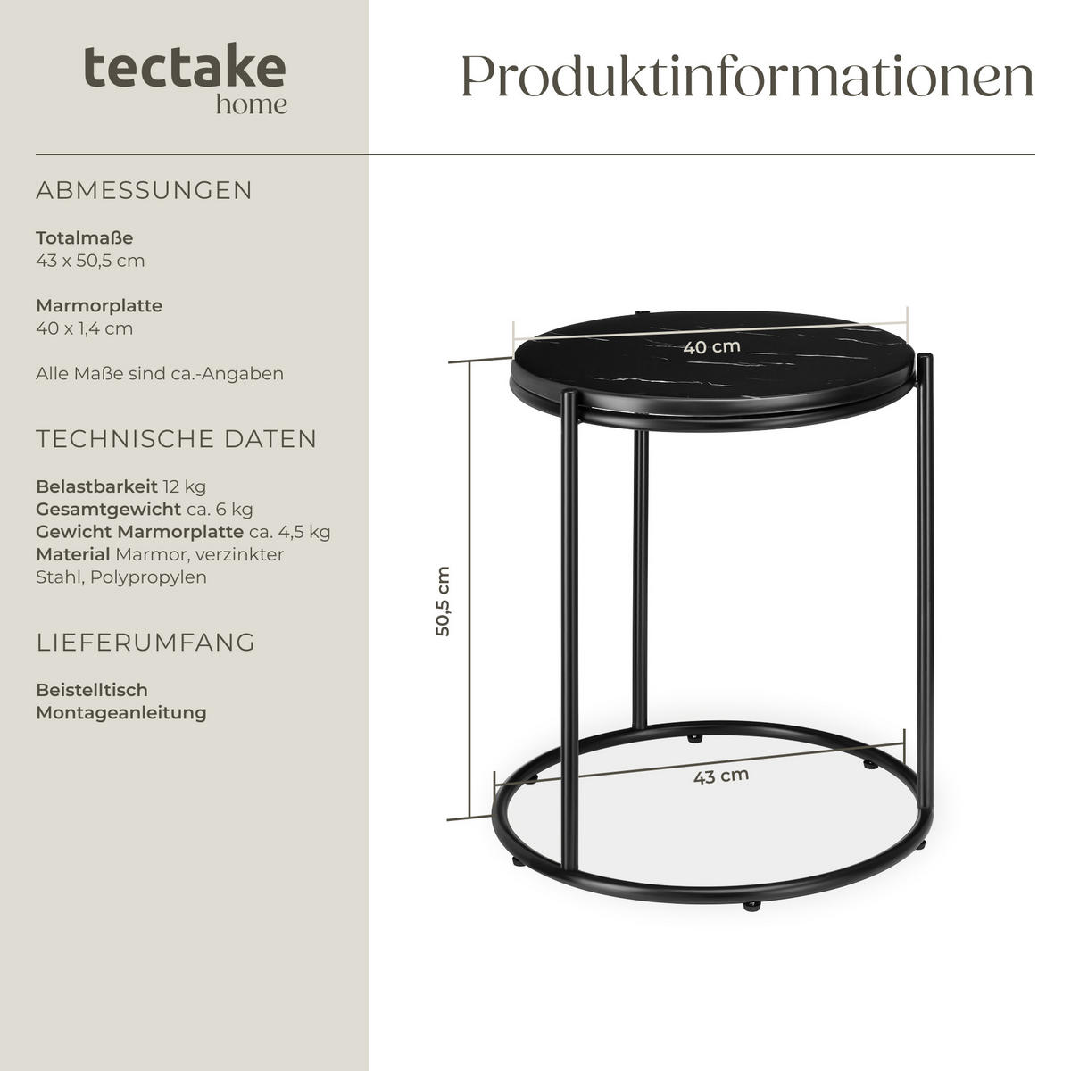 BEISTELLTISCH Ellsa,43 x 43 x 50,5 cm,schwarz/schwarz - Schwarz, Stein (43/43/50.5cm) - tectake