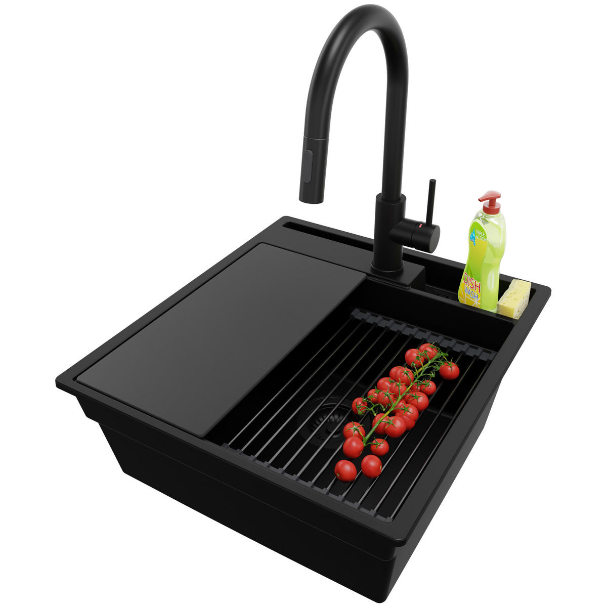 GRANITSPÜLE Oslo Pocket, 2-er set Alles Schwarz 48/53 cm 1 Becken + Küchenarmatur 40/20 cm + Ablauf-Set + Küchenzubehörset ab 50er Unterschrank - Schwarz, Kunststoff (48/20/53cm) - Primagran