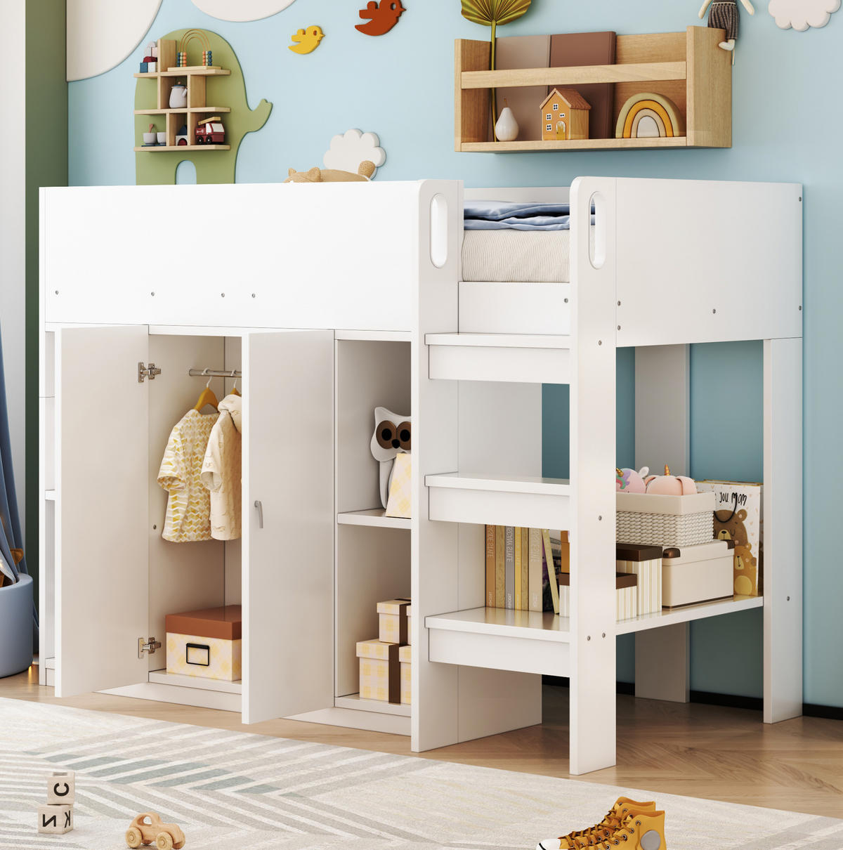HOCHBETT 90/200 cm mit Leiter, Schrank und Regalen aus Holzwerkstoff, platzsparend mit Stauraum, Weiß/Grau - Weiß, Holzwerkstoff (90/200cm) - Redom