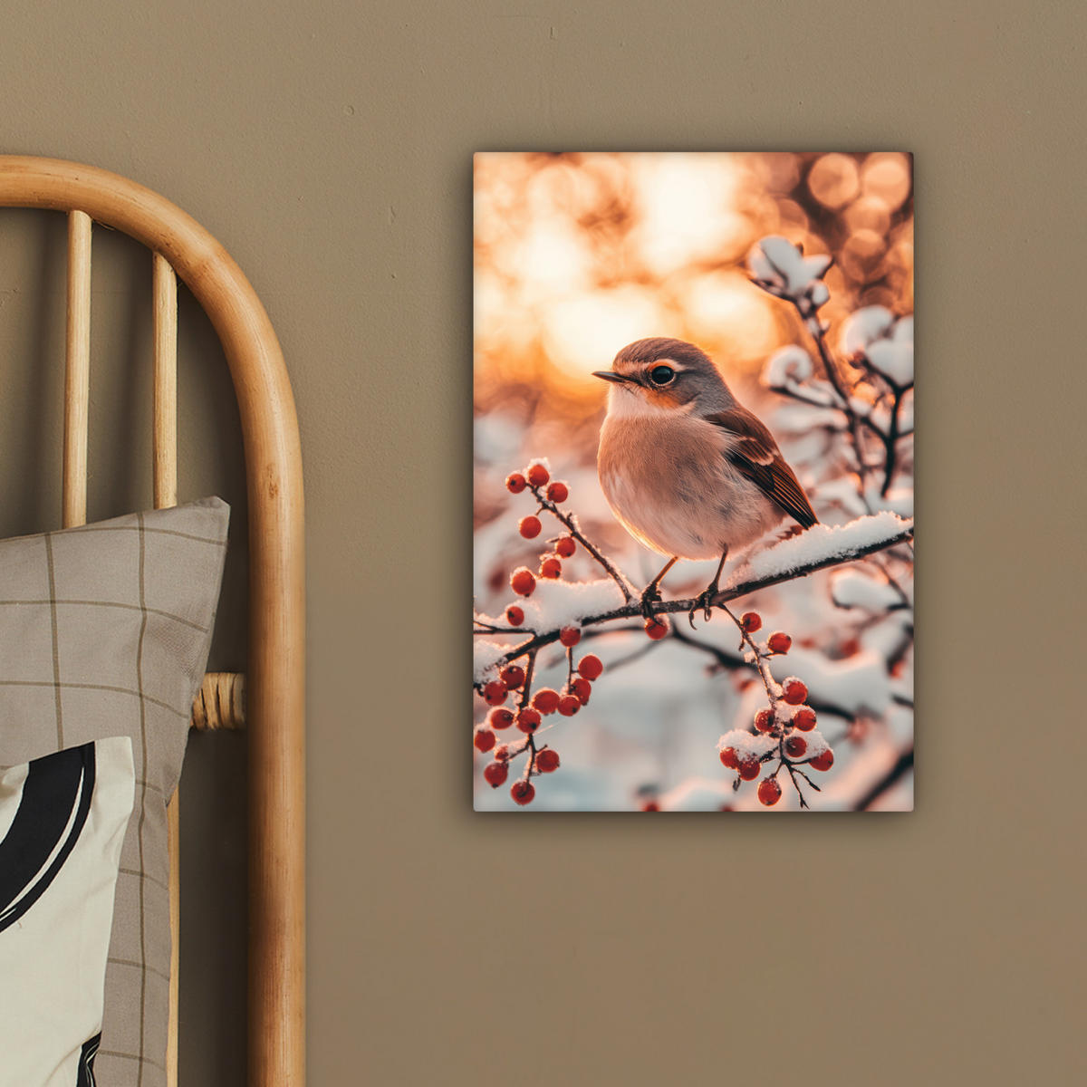 LEINWANDBILD Vogel - Zweig - Winter - Tiere - Schnee 20x30 cm - Bernsteinfarben, Textil (20/30cm) - MuchoWow