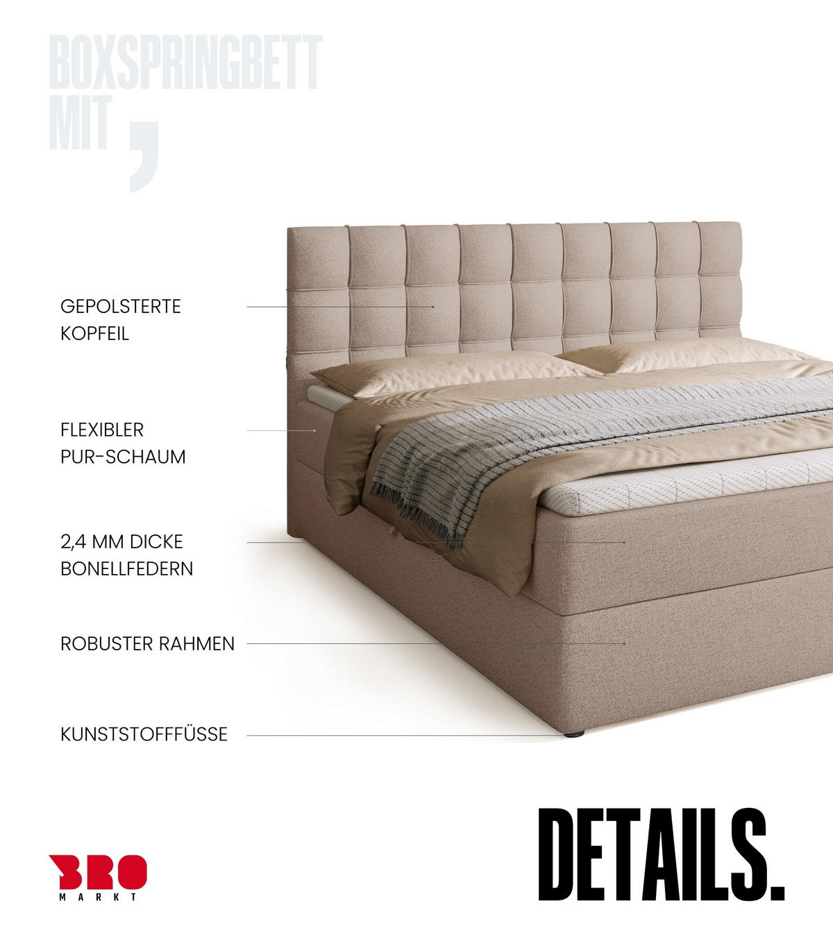 BOXBETT Detroit mit Topper 180/200 Beige - Creme, Textil (180/200cm) - Bromarkt