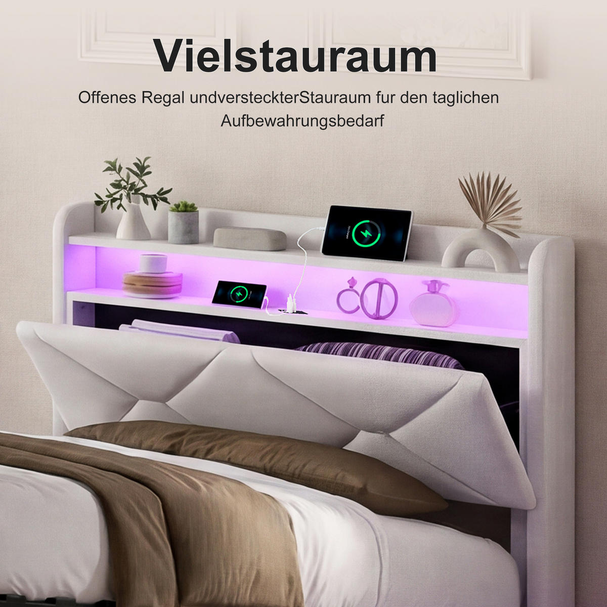 POLSTERBETT 90x200 cm mit Bettkasten, hydraulischer Stauraum, LED, USB & Type-C, Kopfteil mit Ablage und Lattenrost, Beige - Beige, Metall (90/200cm) - EuroLiving