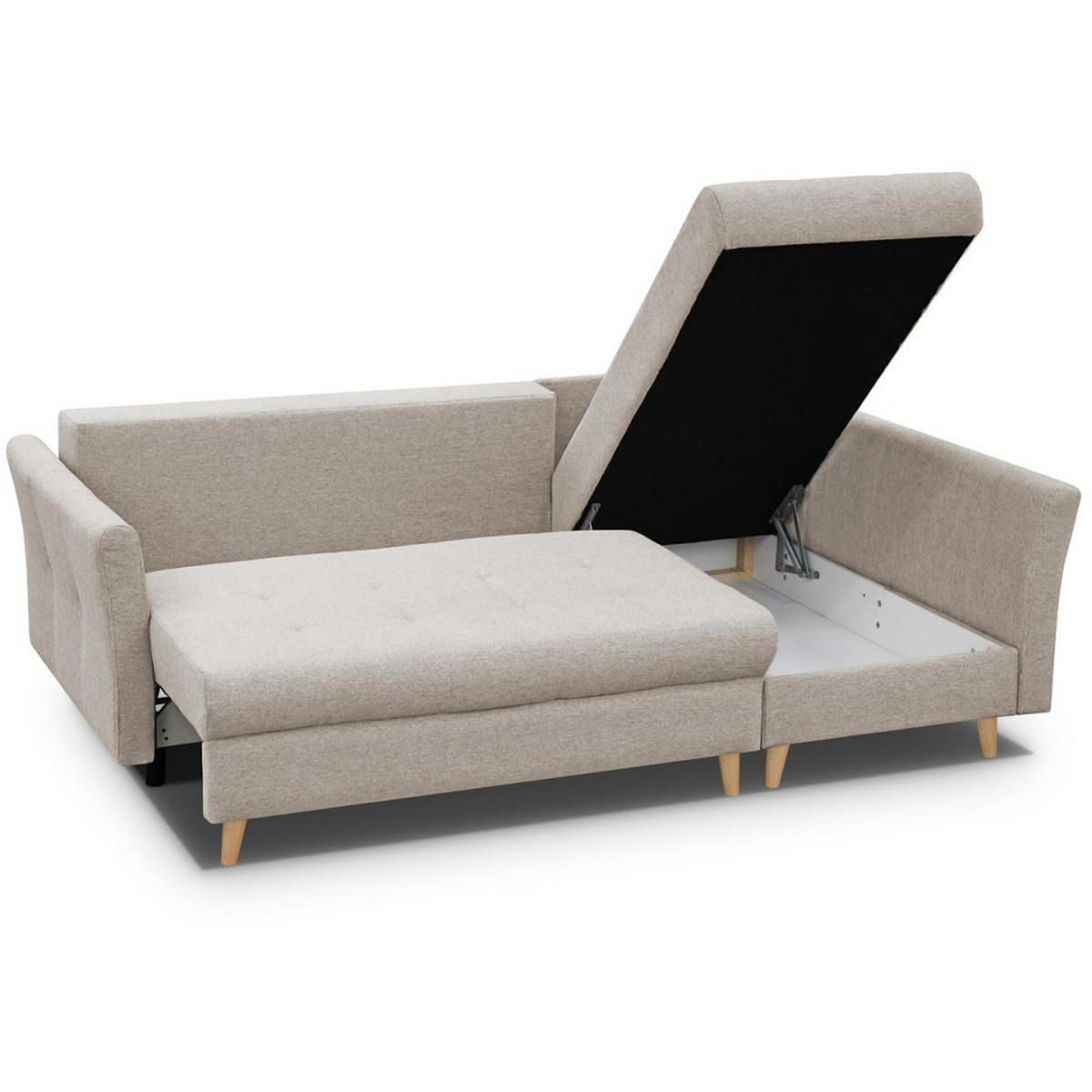 ECKSCHLAFSOFA Neron mit 2 Bettkasten und Beine in Buchefarbe, Beige, rechts - Beige/Buchefarben, Textil (233/148cm) - Beautysofa