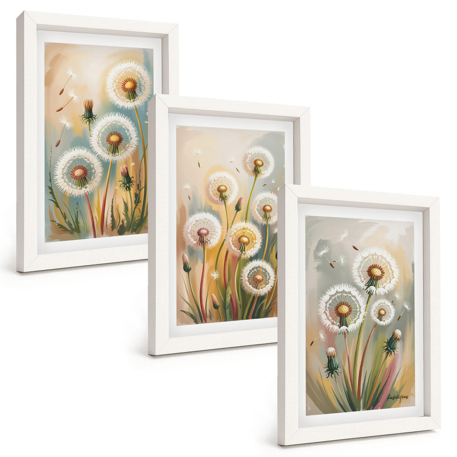 BILDER SET 3er Set - 20x30 cm Weißer Rahmen - Löwenzahnblüten, pastellfarbene Gräser - Weiß, Kunststoff (20/30cm) - TULUP