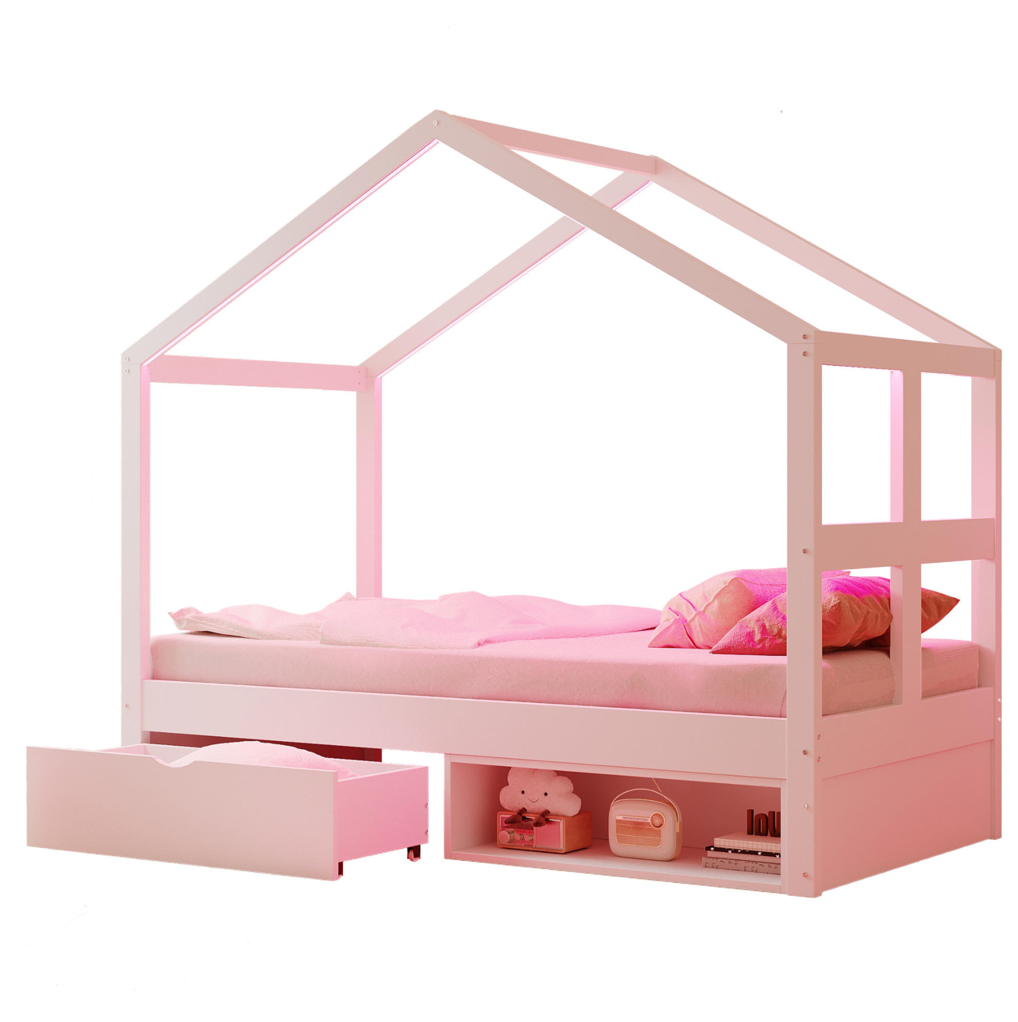 MULTIFUNKTIONSBETT Hausbett 90/190 cm, Weiß mit Schubladen, Schuhschrank und LED - Weiß, Holz (90/190cm) - MIVRAY