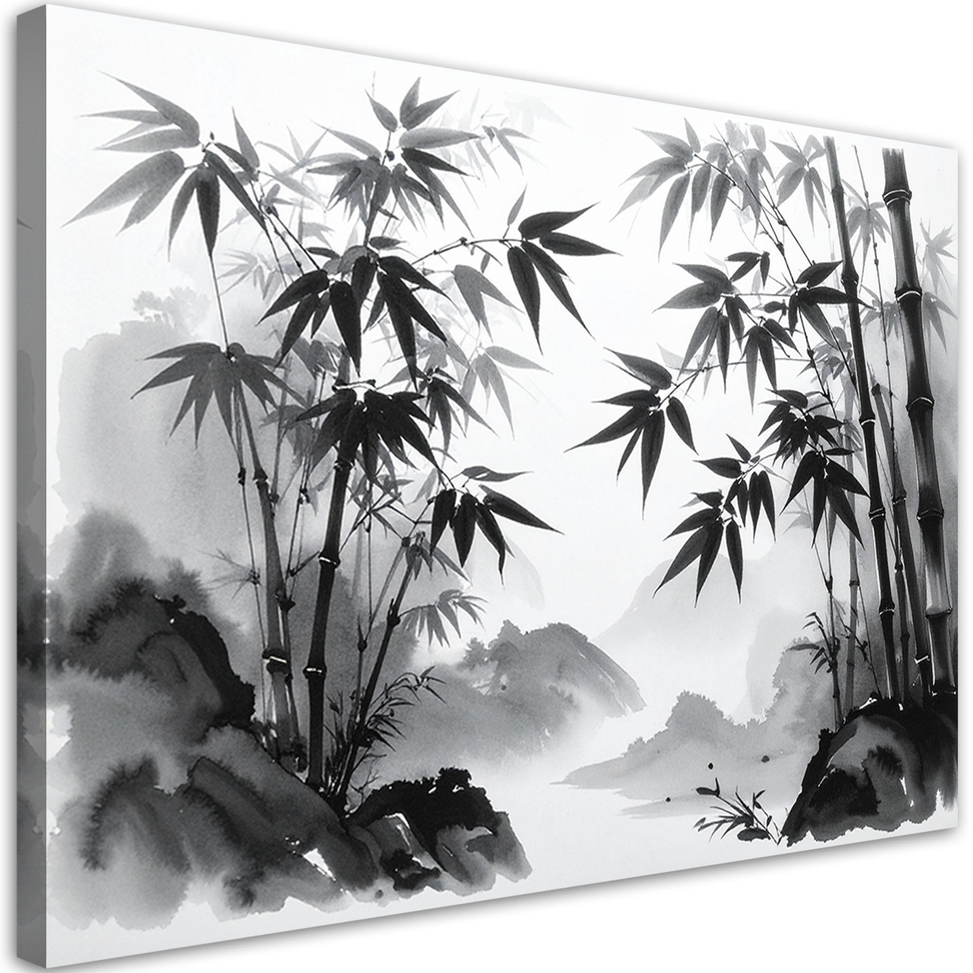 LEINWANDBILD Bambus Berge Japanische Landschaftsmalerei 90x60cm - Schwarz, Textil (90/60cm) - Feeby