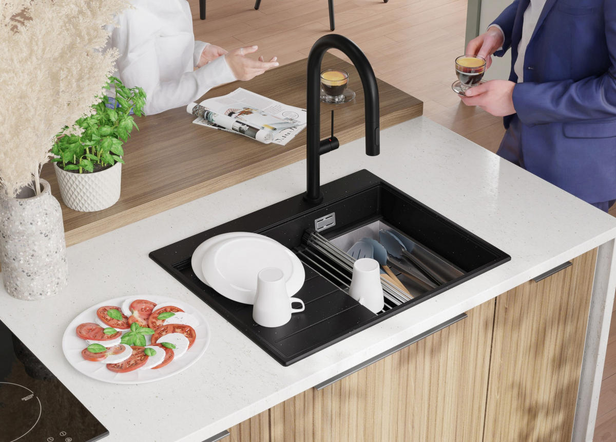 SPÜLBECKEN Sydney, 2-er set Schwarz Metallic 62/50 cm 1 Becken + Ablauf-Set + Küchenzubehörset ab 40er Unterschrank - Chromfarben/Schwarz Hochglanz, Kunststoff (62/20/50cm) - Primagran