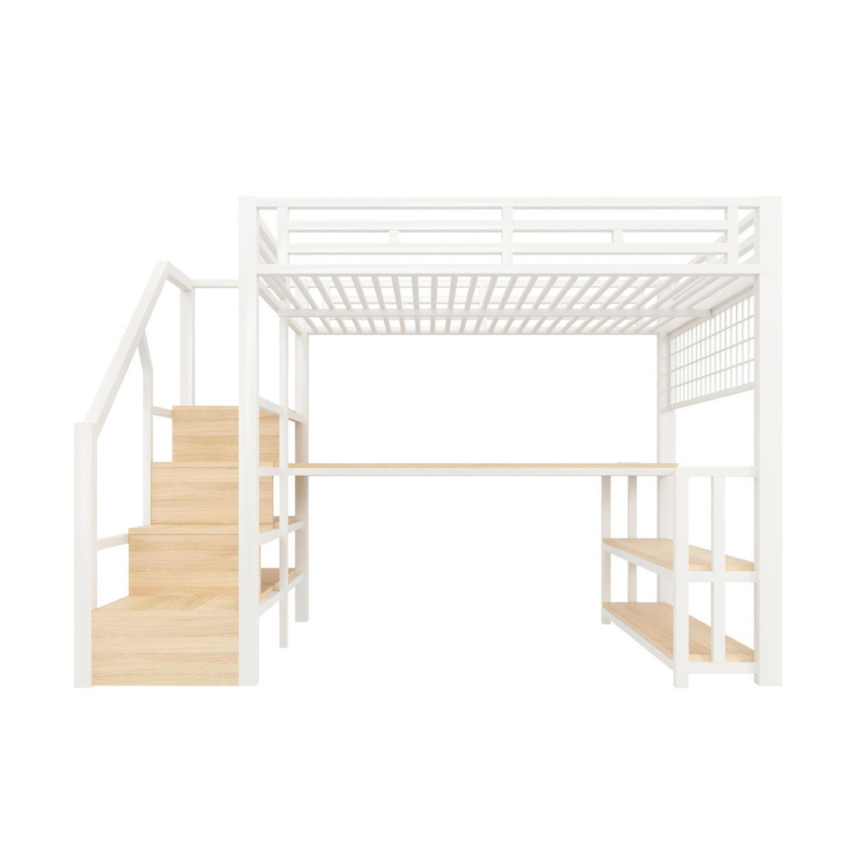 HOCHBETT aus Metall und MDF 140x200 cm Weiß mit LED-Lichtleiste, Schreibtisch, Stauraumtreppe und USB/Typ-C - Weiß, Metall (140/200cm) - Modfu