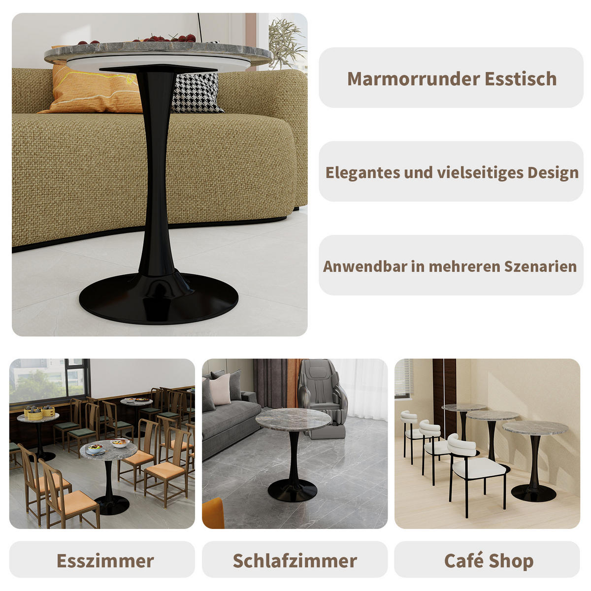 COUCHTISCH in Schwarz und Grau Wohnzimmertisch mit einer runden Marmor-Tischplatte für Wohnzimmer, B70/T70/H72 cm - Goldfarben/Schwarz, Stein/Metall (70/70/72cm) - STILVORA