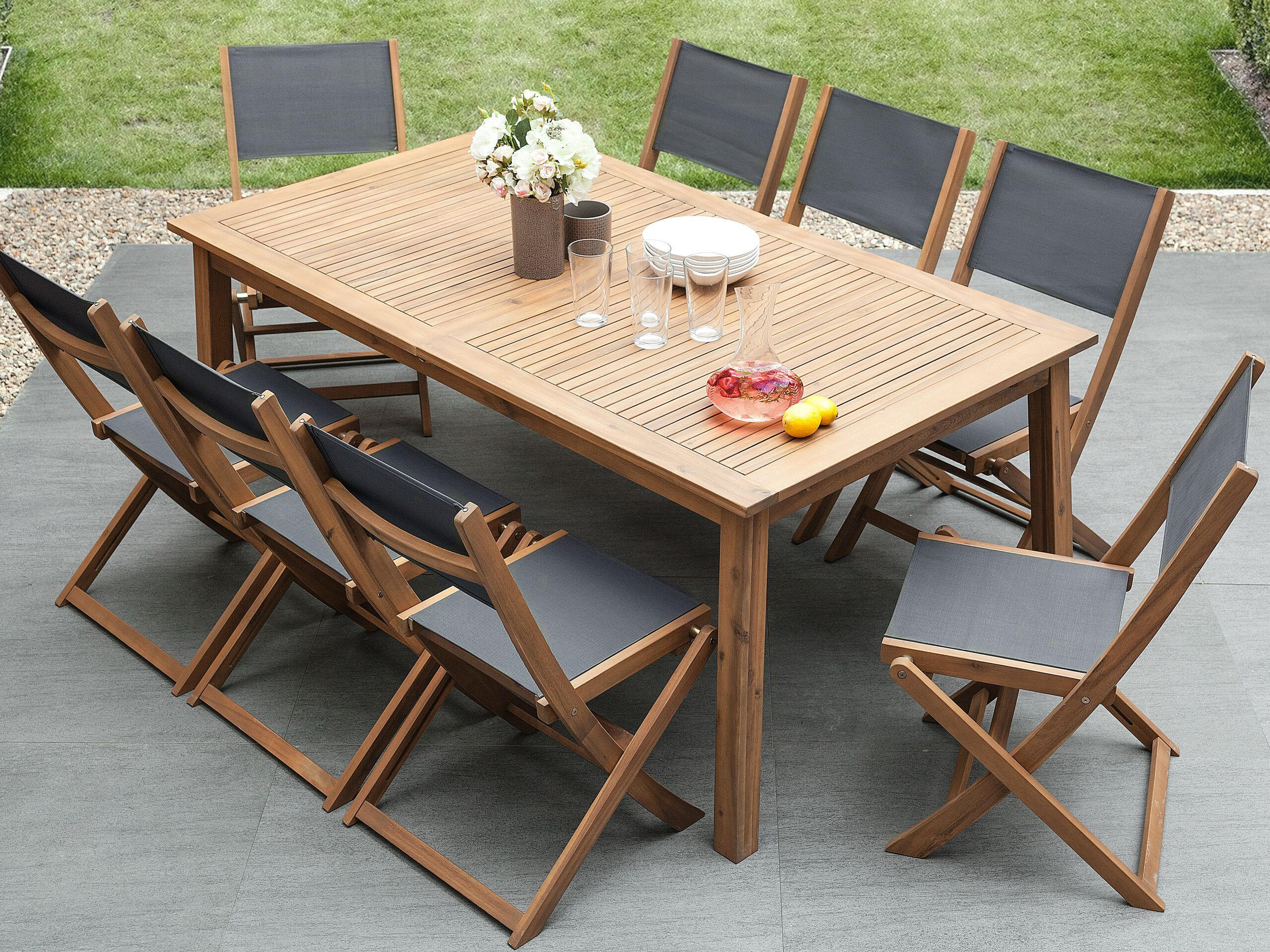 GARTENMÖBEL SET 8-Sitzer Akazienholz 8-Sizer Textilbespannung grau 11-teilig Cesana - Hellbraun/Grau, Holz - Beliani