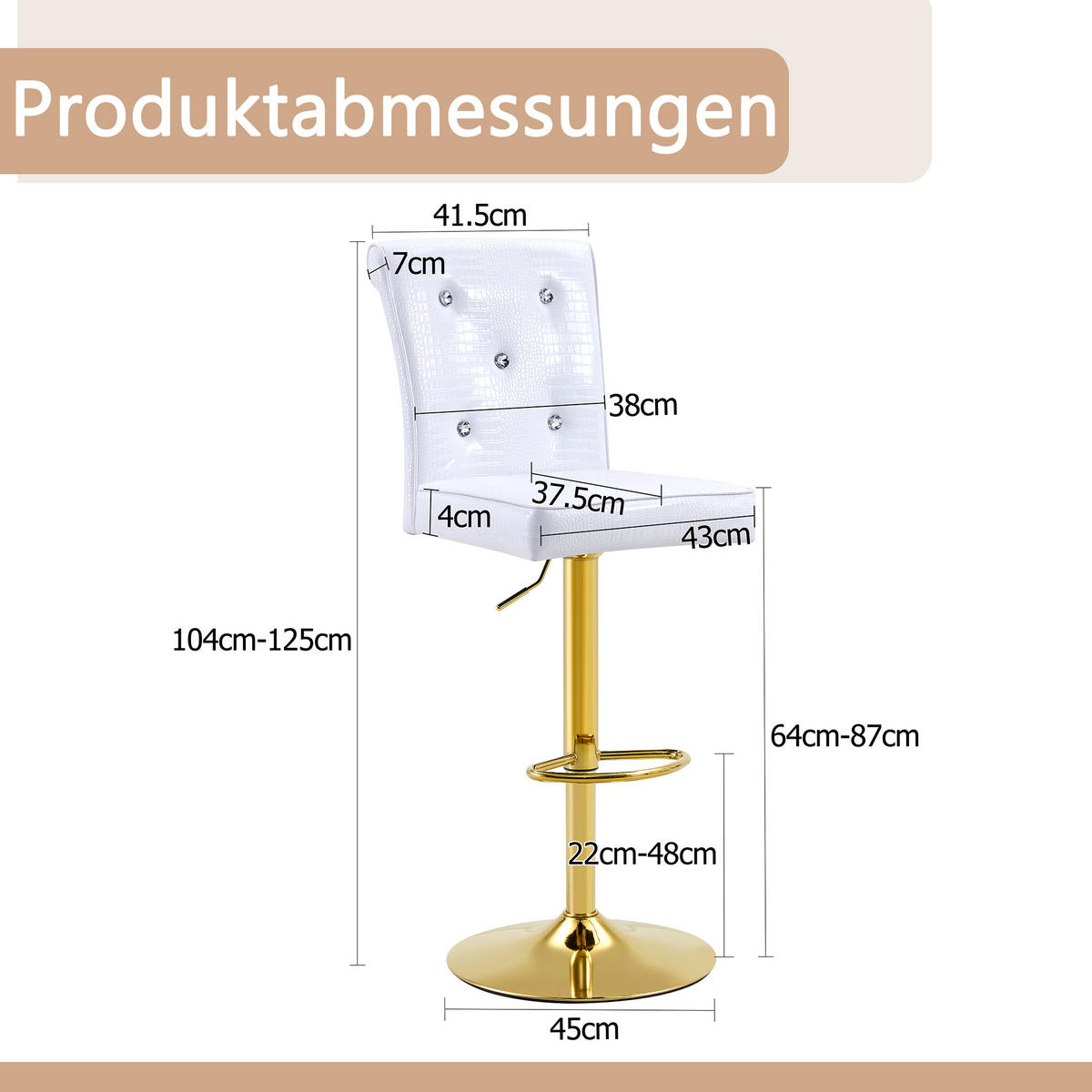 BARHOCKER DE-36795 2er-Set mit Kristallknopf-Details Weiß - Goldfarben/Weiß, Metall (42/125/55cm) - ComfortXL