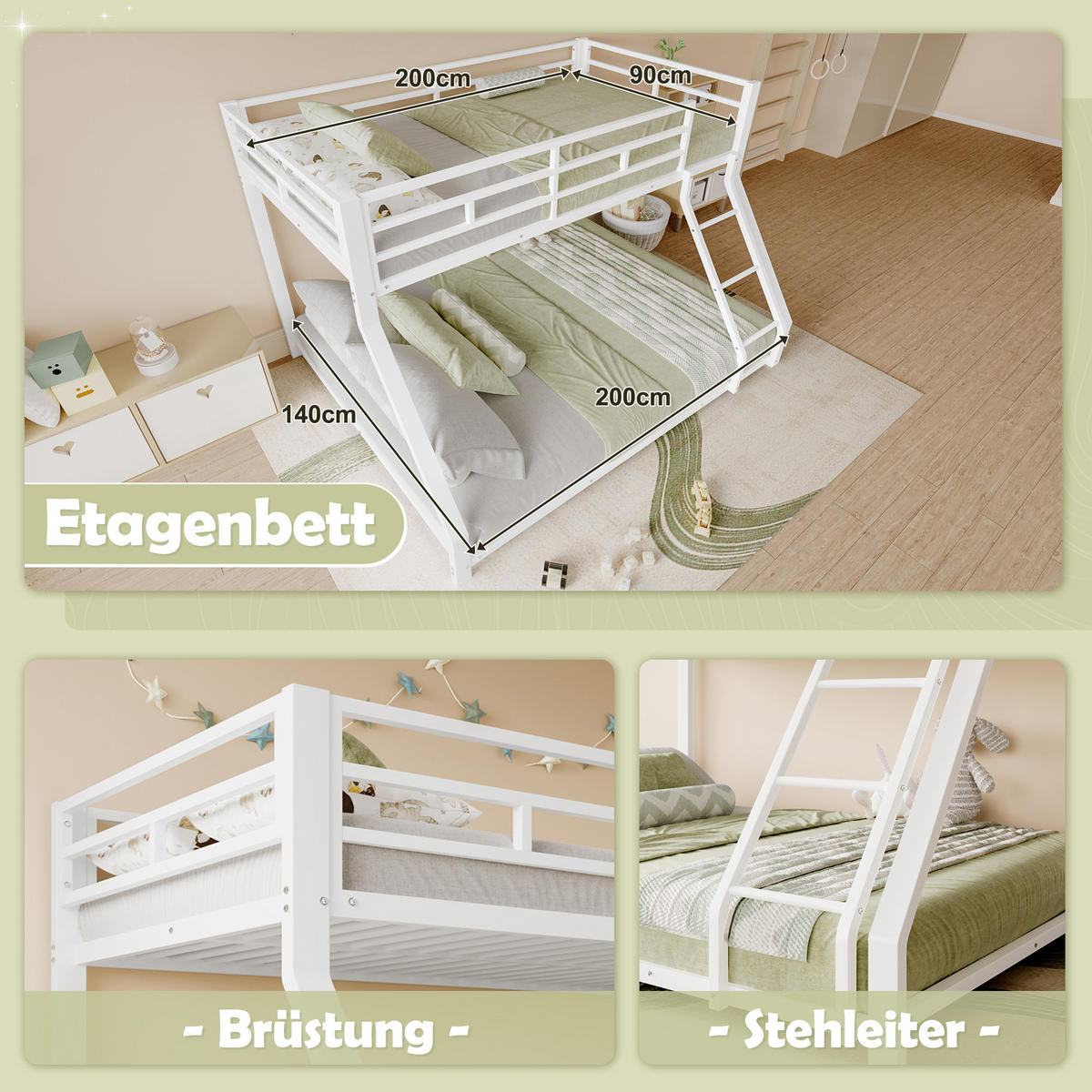 ETAGENBETT 90x200cm + 140x200cm Weiß Metall EN747 zertifiziert - Weiß, Metall (140/200cm) - FLIEKS