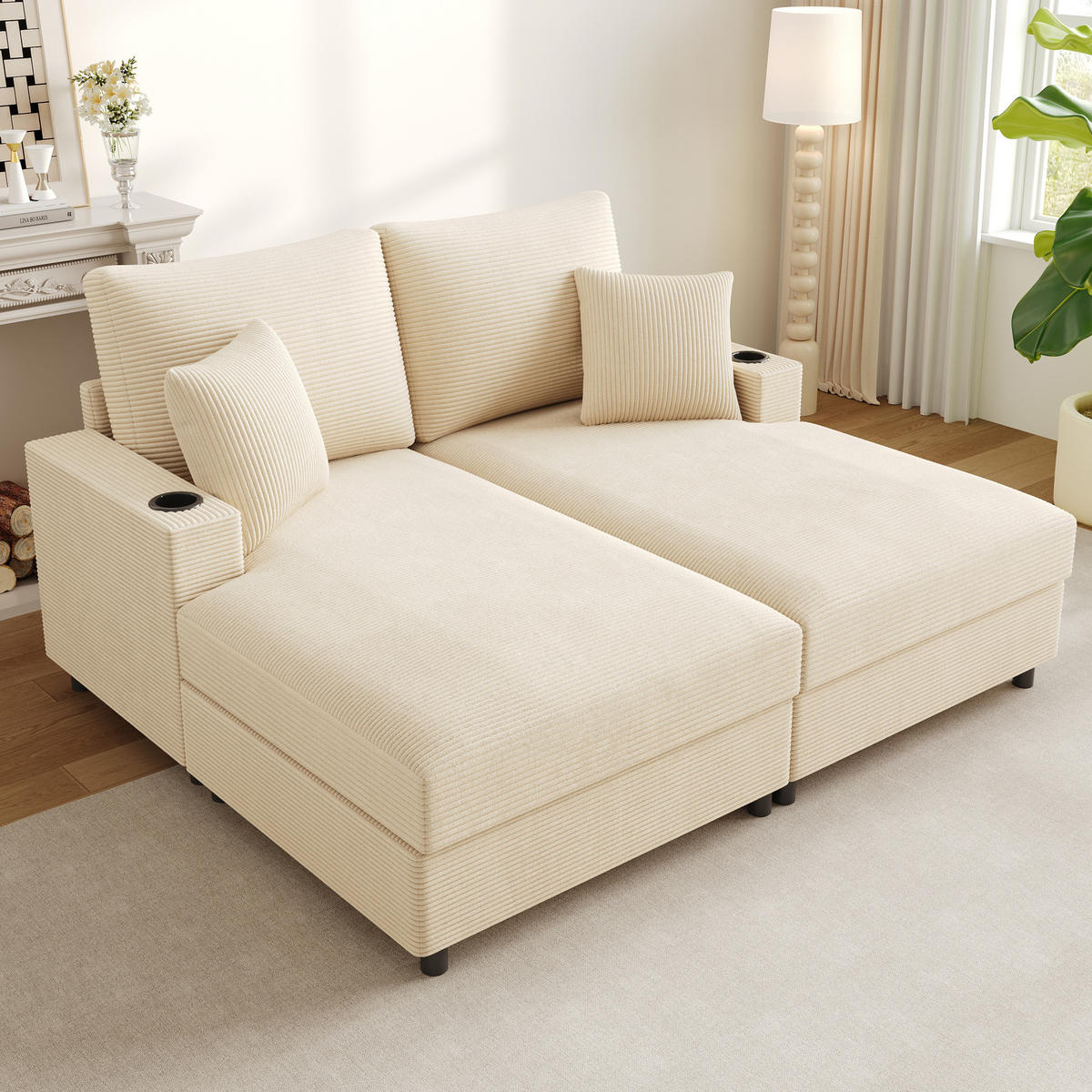 2-SITZER Schlafsofa Cord mit USB-Anschluss und Getränkehaltern Beige 163/140/82 cm - Beige, Textil (140/82/163cm) - Redom