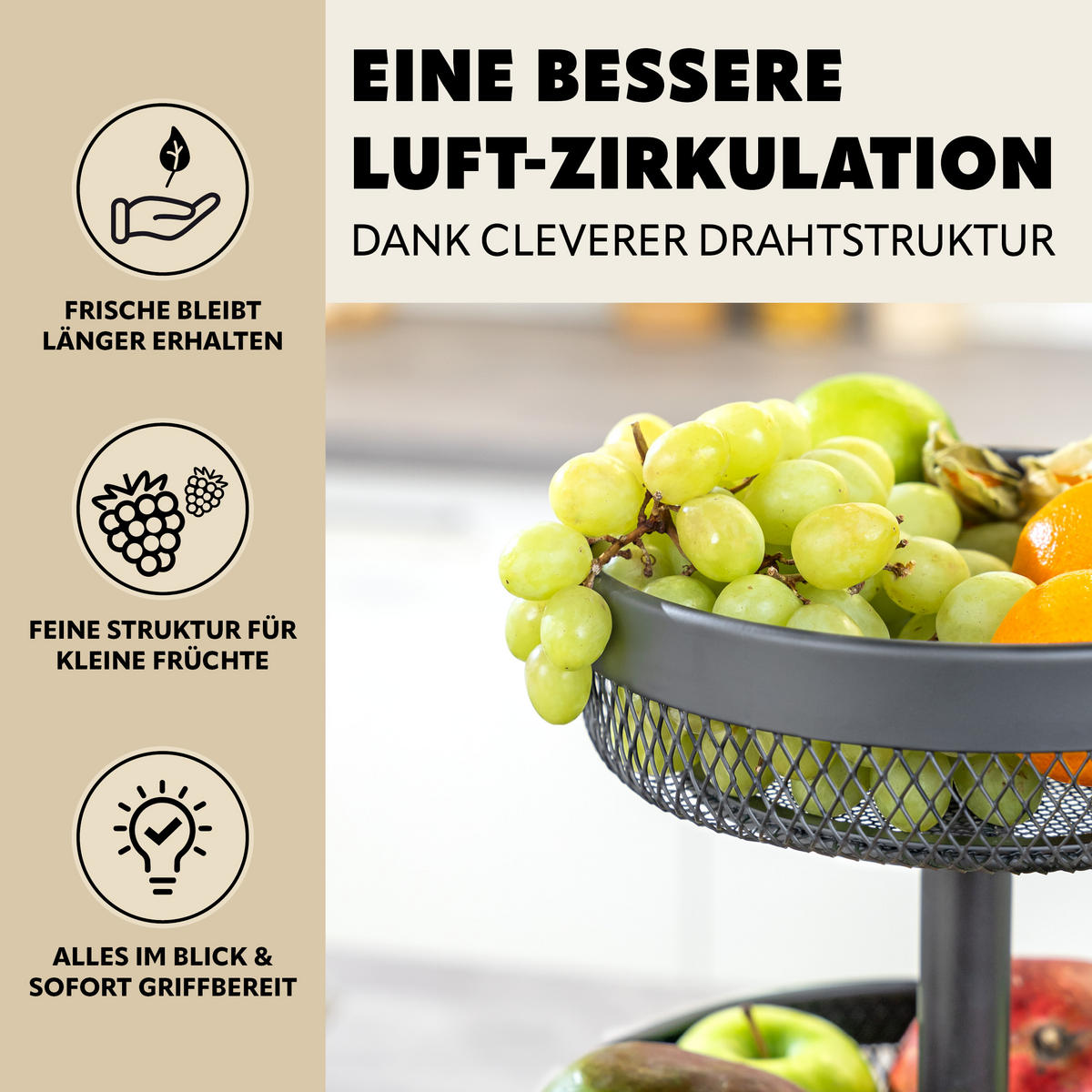 OBSTETAGERE rund, 3-stöckig, Ø 20 cm, 25 cm und 30 cm, grau, Metall - Grau, Metall (42cm) - eluno