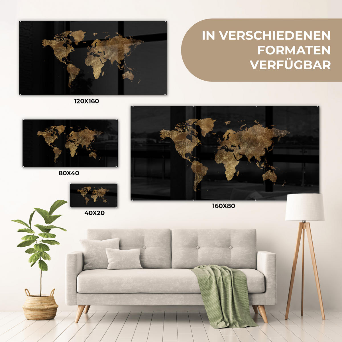 ACRYLGLASBILD Weltkarte - Gold - Luxus - Erde - Schwarz 120x60 cm - Goldfarben, Glas (120/60cm) - MuchoWow