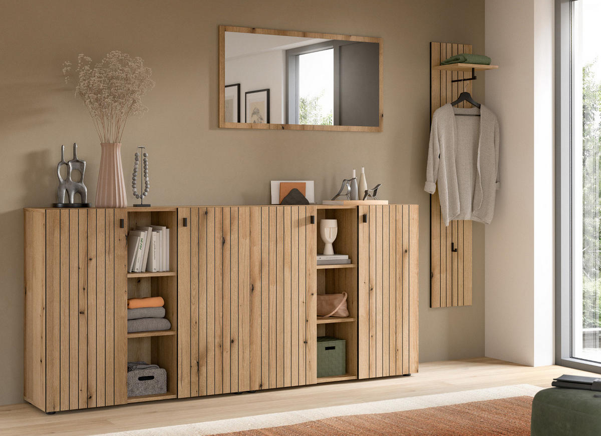 GARDEROBEN-SET Evoke Eiche 4-teilig 258 cm, Komplettset mit viel Stauraum - Schwarz/Eiche Artisan, Glas/Holzwerkstoff (258/192/37cm) - Inn.Furn