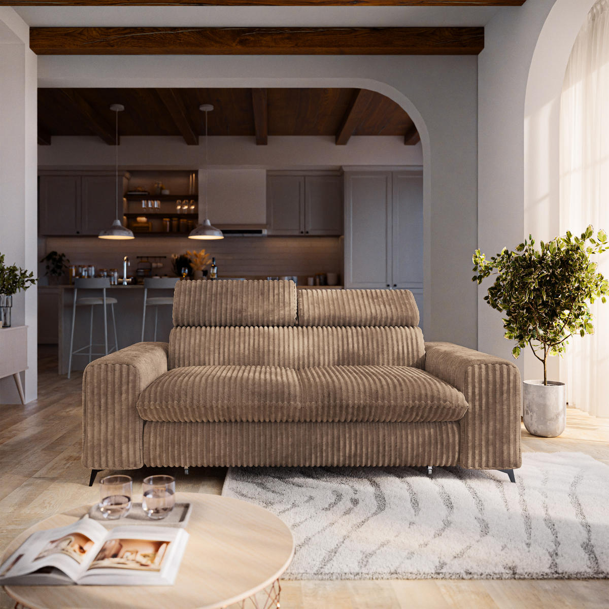 BETTSOFA BENETE Beige Cordstoff mit Schlaffunktion - Beige, Holz/Textil (191/89/92cm) - MASSENO