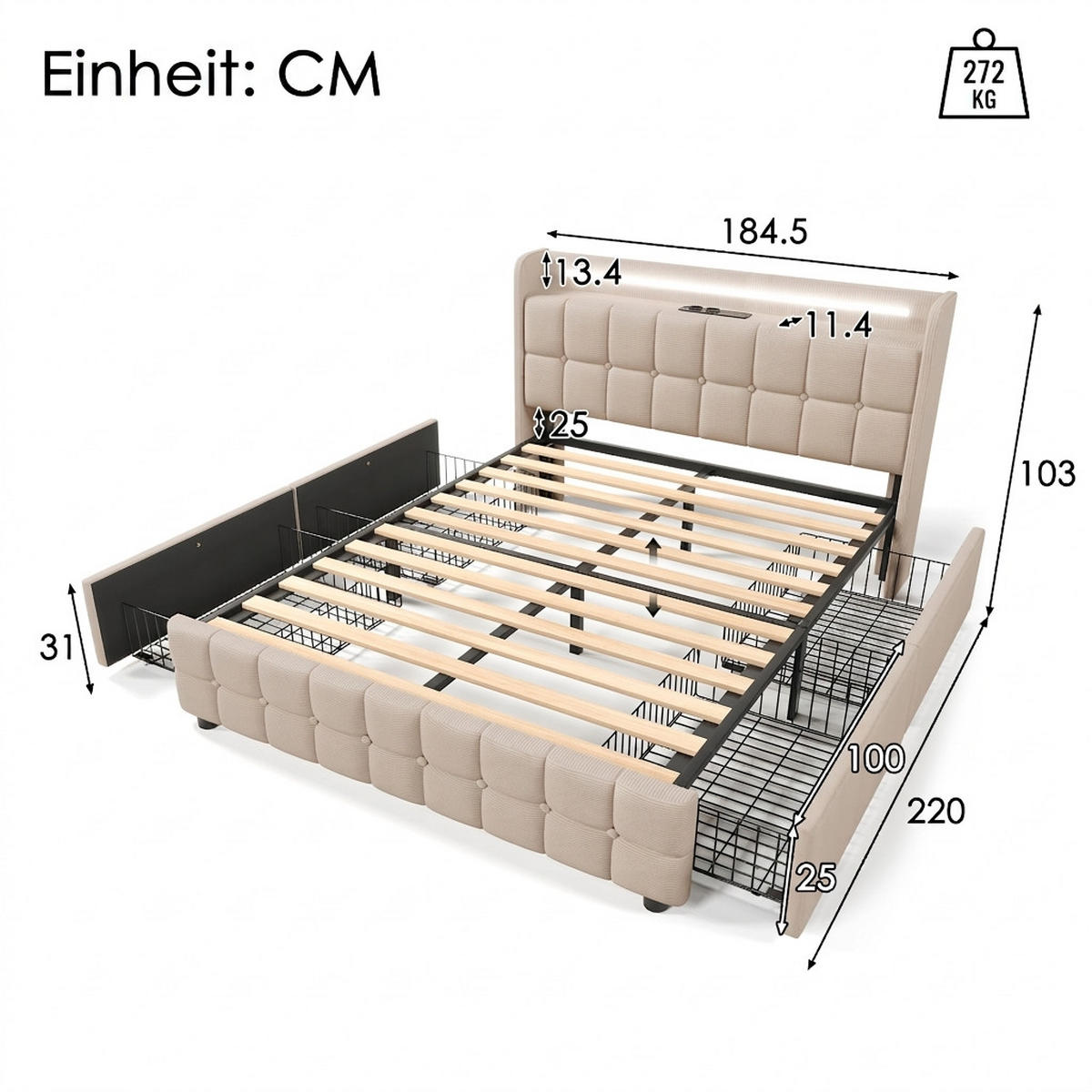POLSTERBETT 180/200 cm Beige mit LED-Beleuchtung und 2 Schubladen, Ohne Matratze - Beige, Holz/Textil (180/200cm) - Oxeza