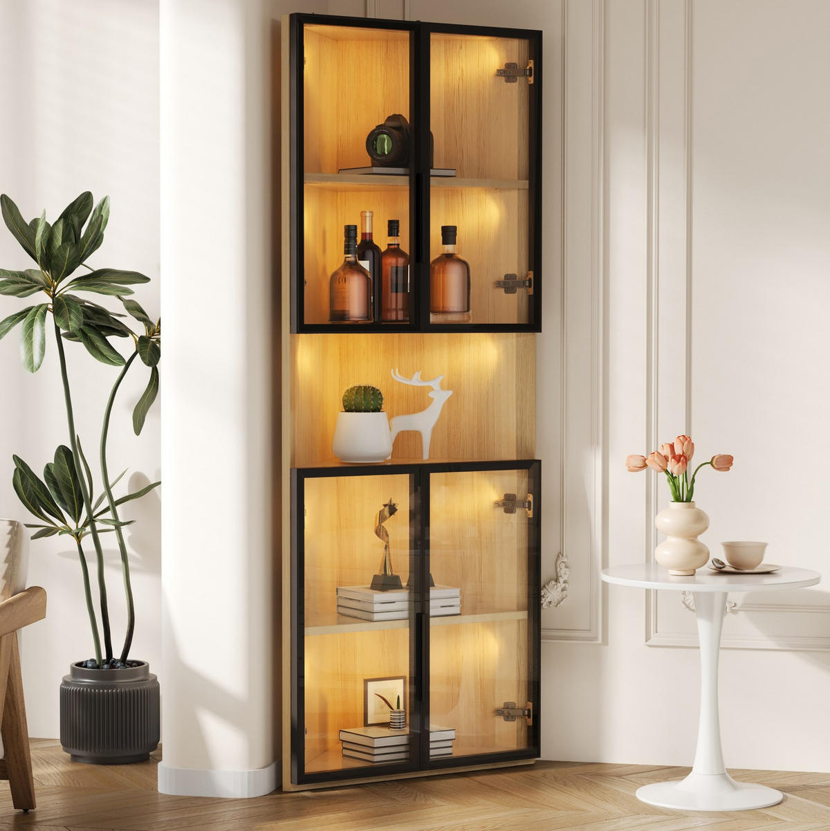 HIGHBOARD 62/32/160 cm in Eichefarben mit LED-Beleuchtung und Sicherheitsglas - Eichefarben, Holzwerkstoff (62/160/32cm) - Flora Grace