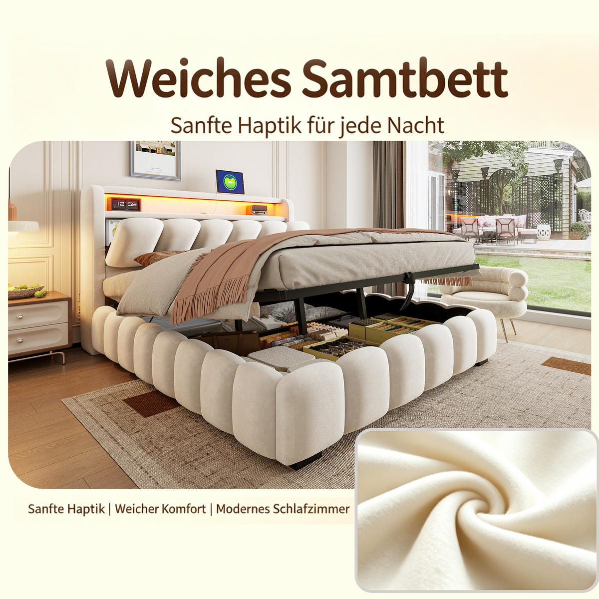 BOXBETT 180/200 mit LED/USB-C, Samt, Beige - Beige, Holz (180/200cm) - LVHOM