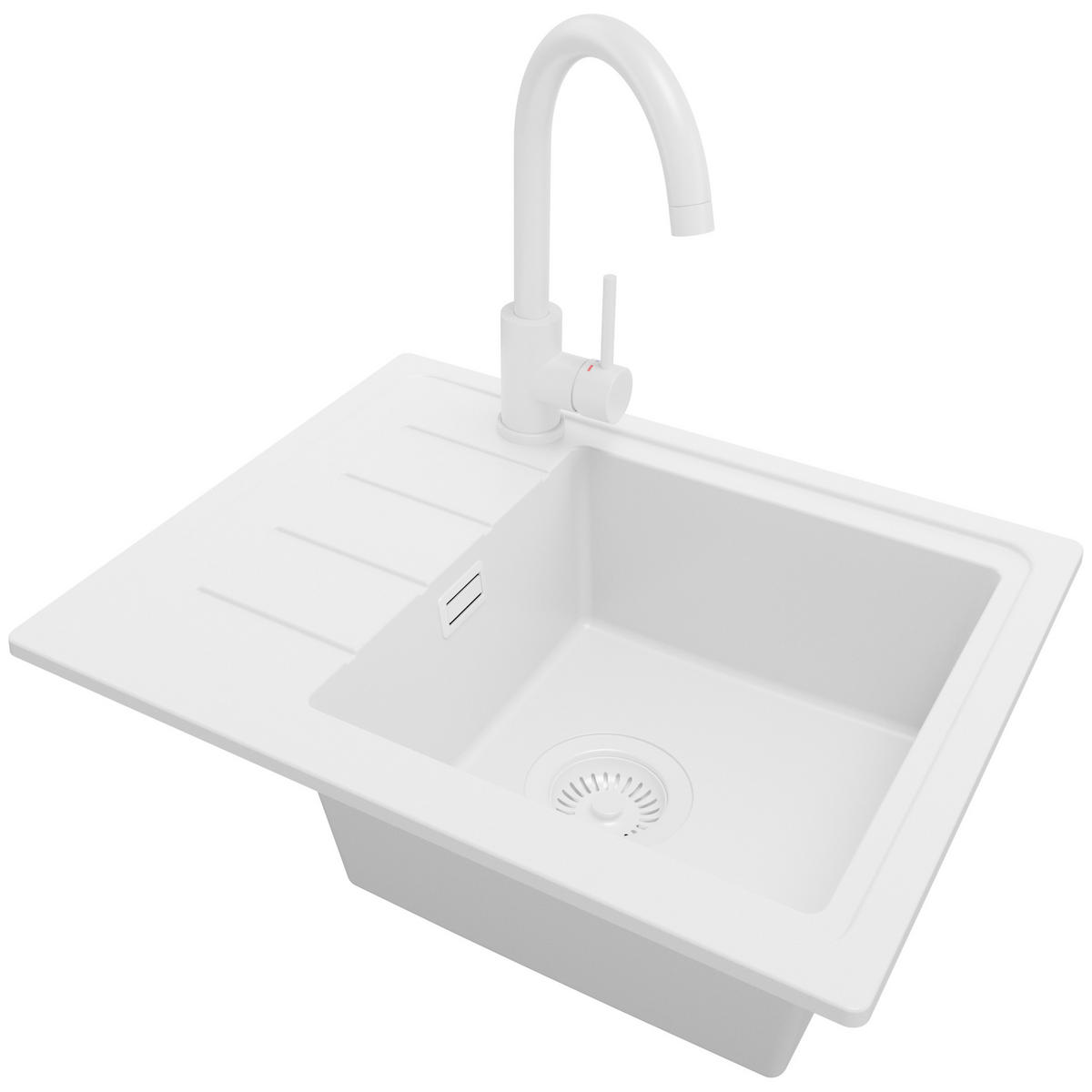 GRANITSPÜLE Kopenhagen Easy, 2-er set Alles Weiß 55/44 cm 1 Becken + Küchenarmatur 32/20 cm + Ablauf-Set ab 45er Unterschrank - Weiß, Kunststoff (55/17/44cm) - Primagran