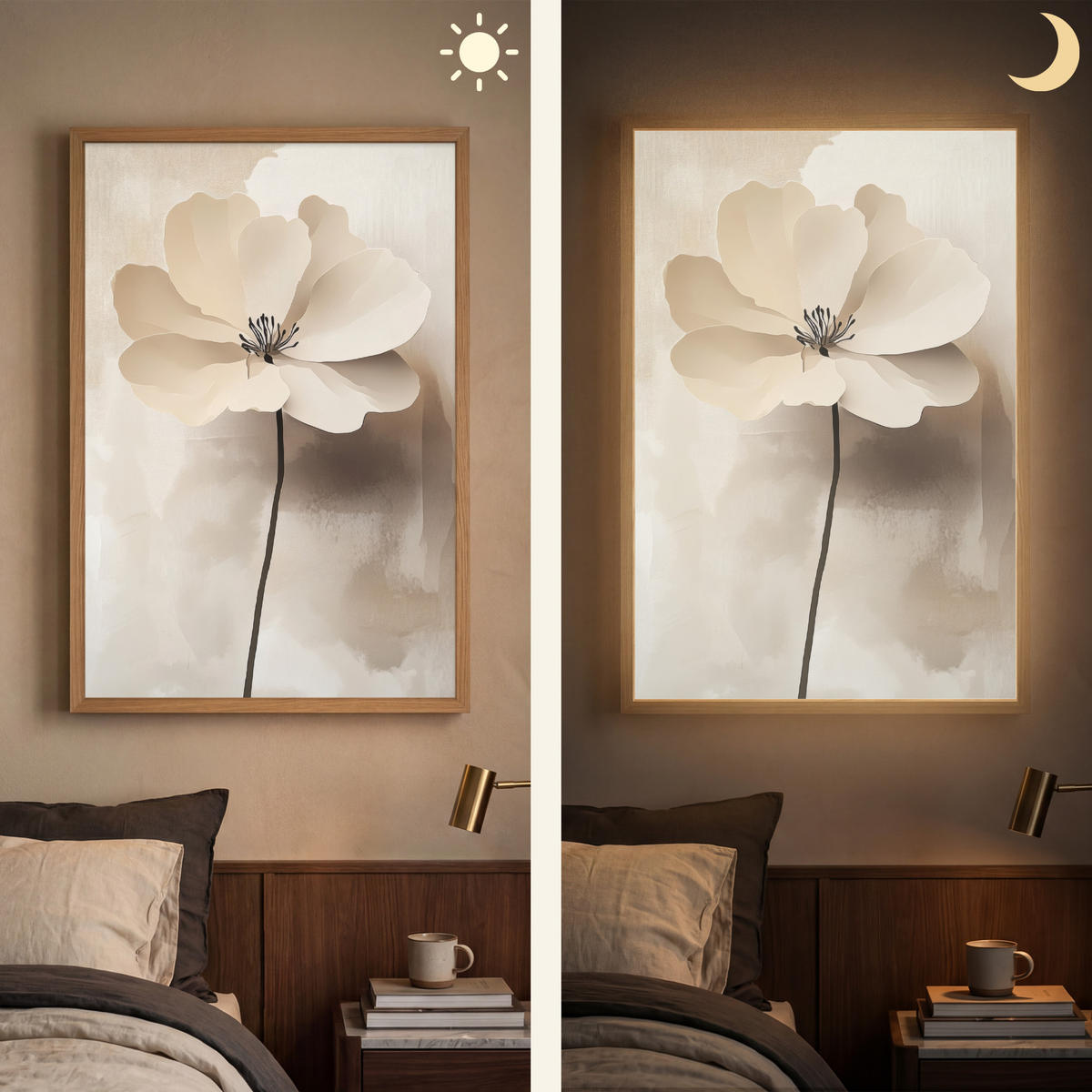 NÁSTĚNNÁ LAMPA S AKUMULÁTOREM Květina - béžová - barva - stín 70x100 cm - béžová, kompozitní dřevo (70/100/8cm) - OnlyWow
