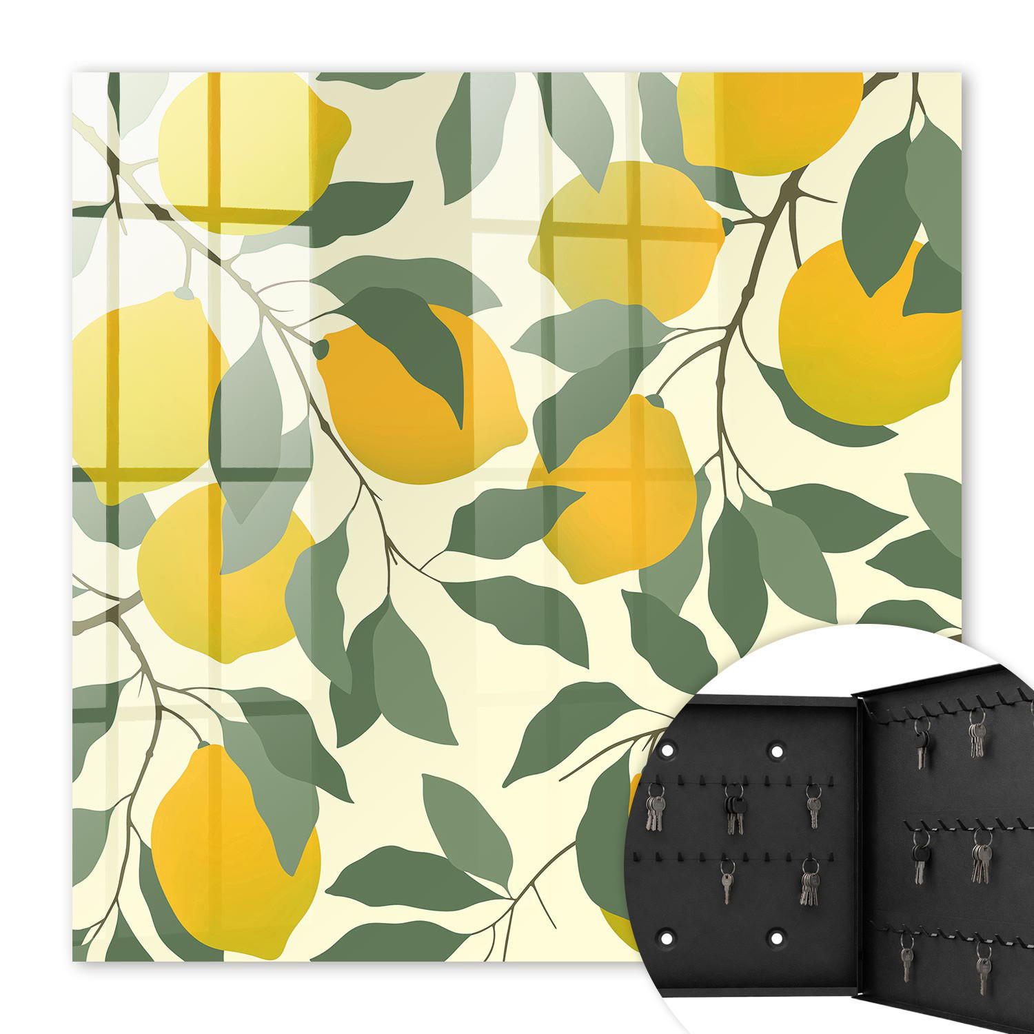 SCHLÜSSELBOX Schwarz 30x30 cm- Türöffnung nach rechts - Saftige Zitronen - Gelb, Metall (30/30/5cm) - TULUP