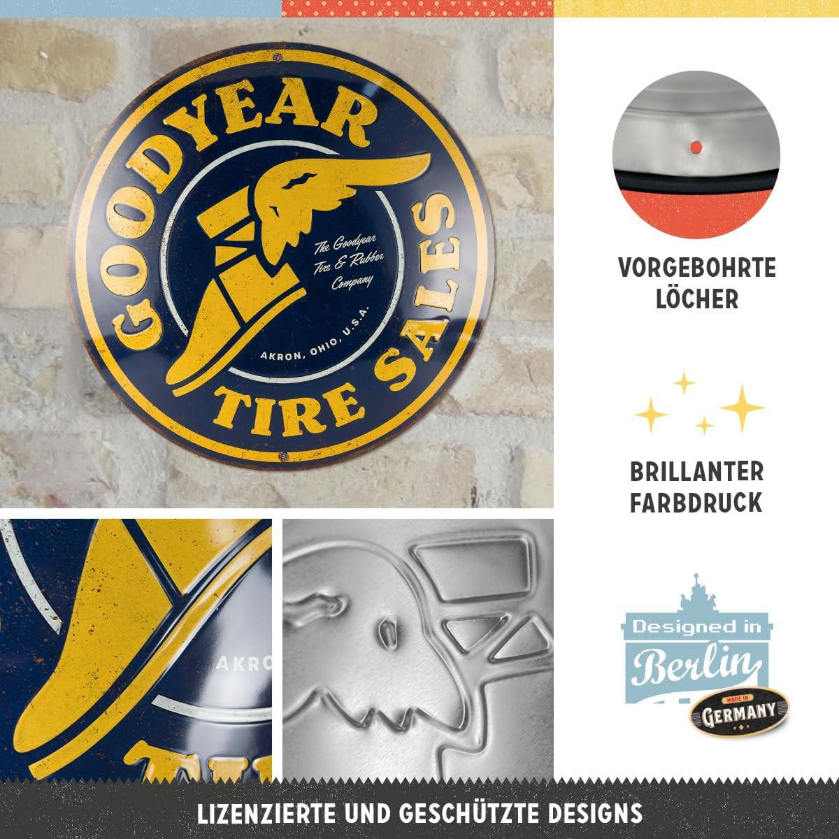 BLECHSCHILD 35 cm Rund Goodyear - Tire Sales - Multicolor, Metall (35/35/0.2cm) - Nostalgic-Art