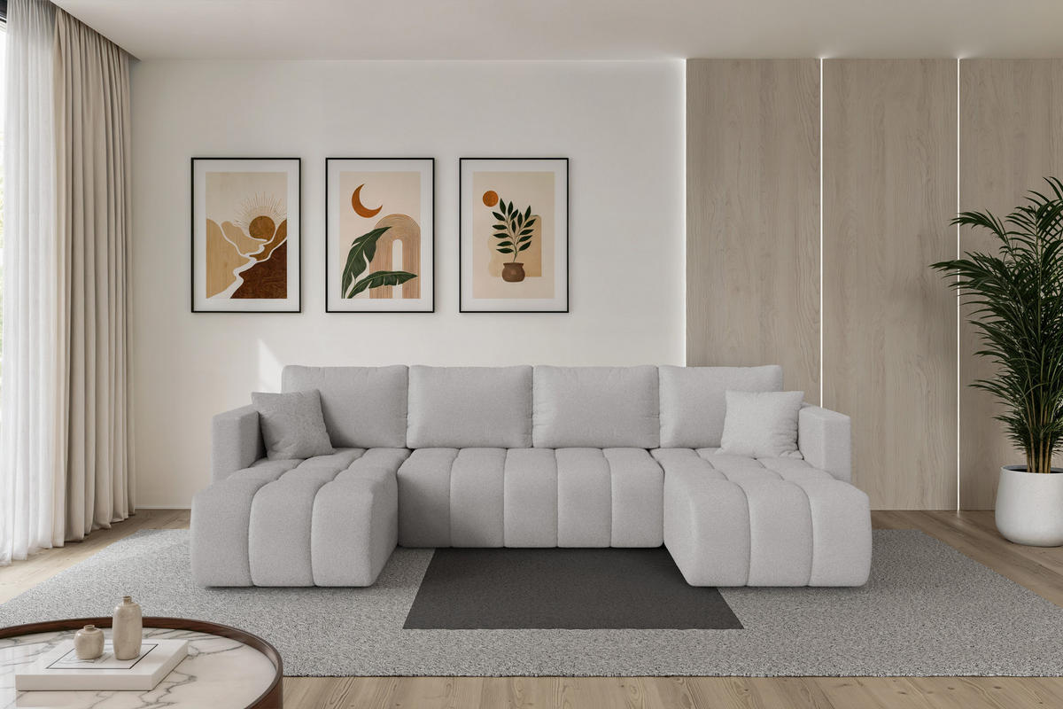 SEDACÍ SOUPRAVA DO U s funkcí spaní a úložným prostorem GARD-U 300x146x85 světle šedá bouclé - černá/stříbrná, kompozitní dřevo/textil (300/85/146cm) - ALTDECOR
