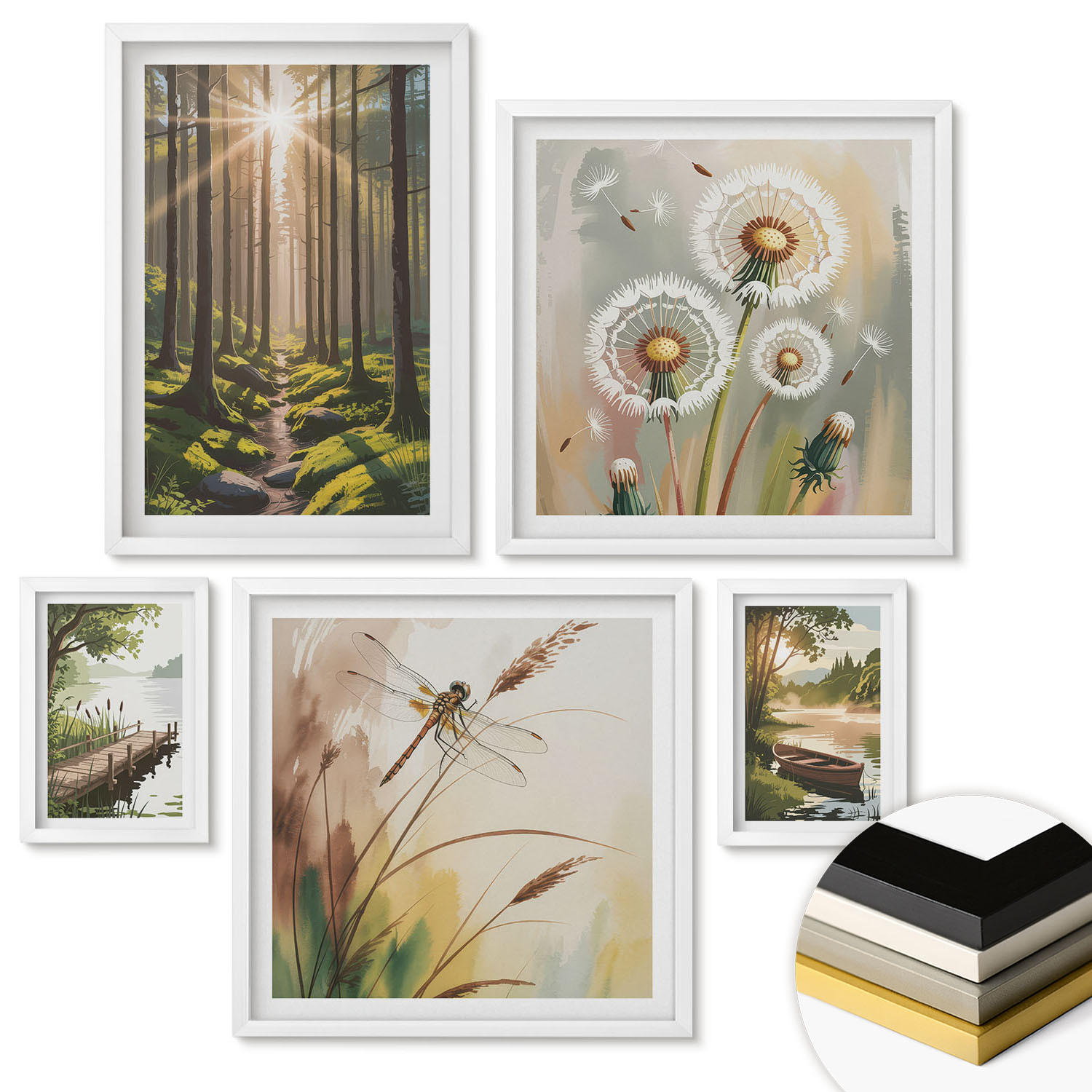 WANDBILDER 5er-Set - 50x50 cm & 20x30 cm & 40x60 cm Weißer Rahmen - See, Wald, Boot, Morgennebel - Weiß, Kunststoff (40/60cm) - ArtPrintCave