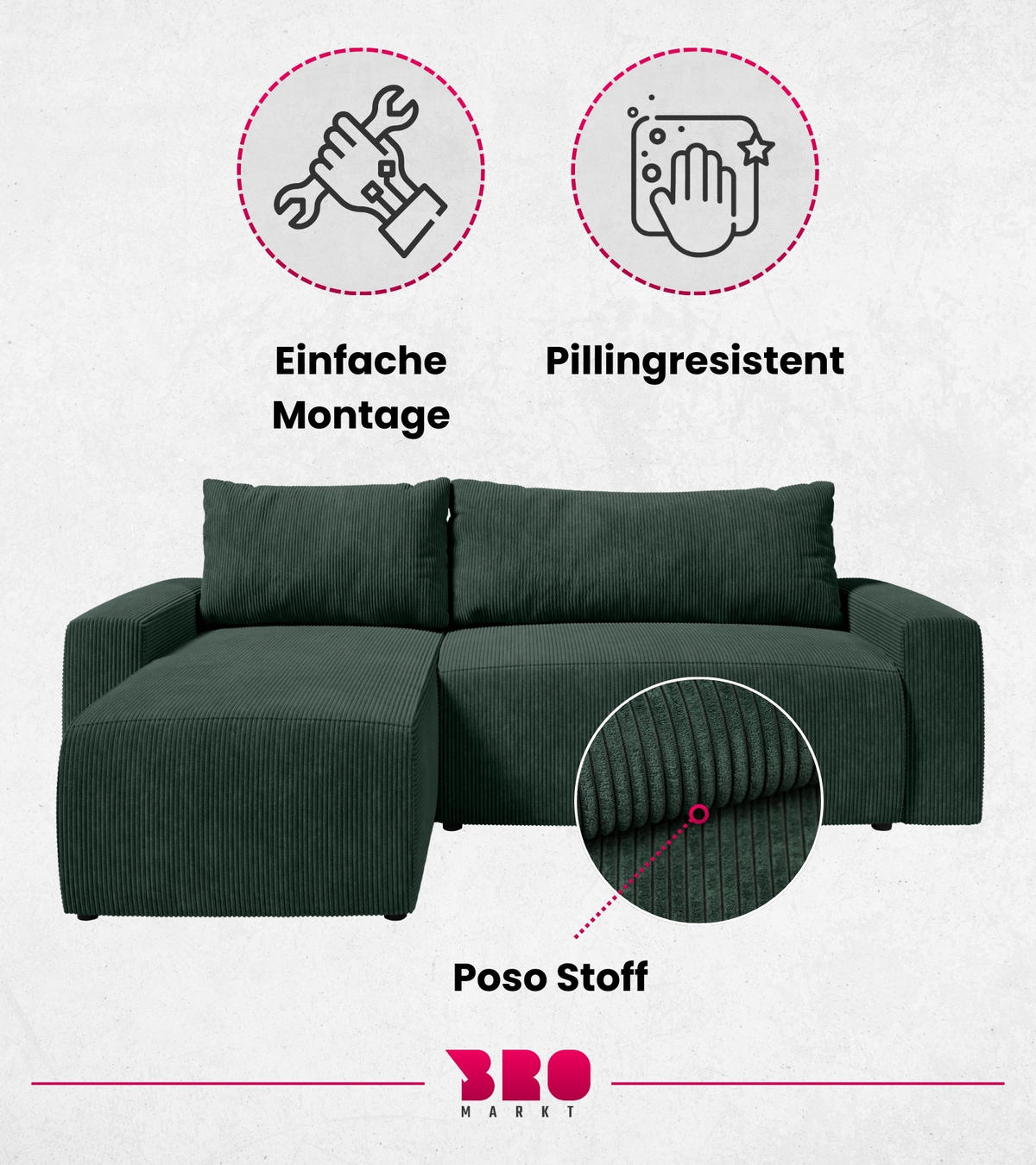ECKSOFA PLUSH mit Schlaffunktion Grün Cord - Grün, Textil (240/145cm) - Bromarkt