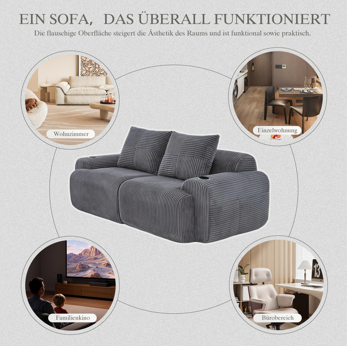 2-SITZER-SOFA 200/99/80 cm in Dunkelgrau mit Cordbezug und Cupholder - Dunkelgrau, Textil (99/80/200cm) - Flora Grace