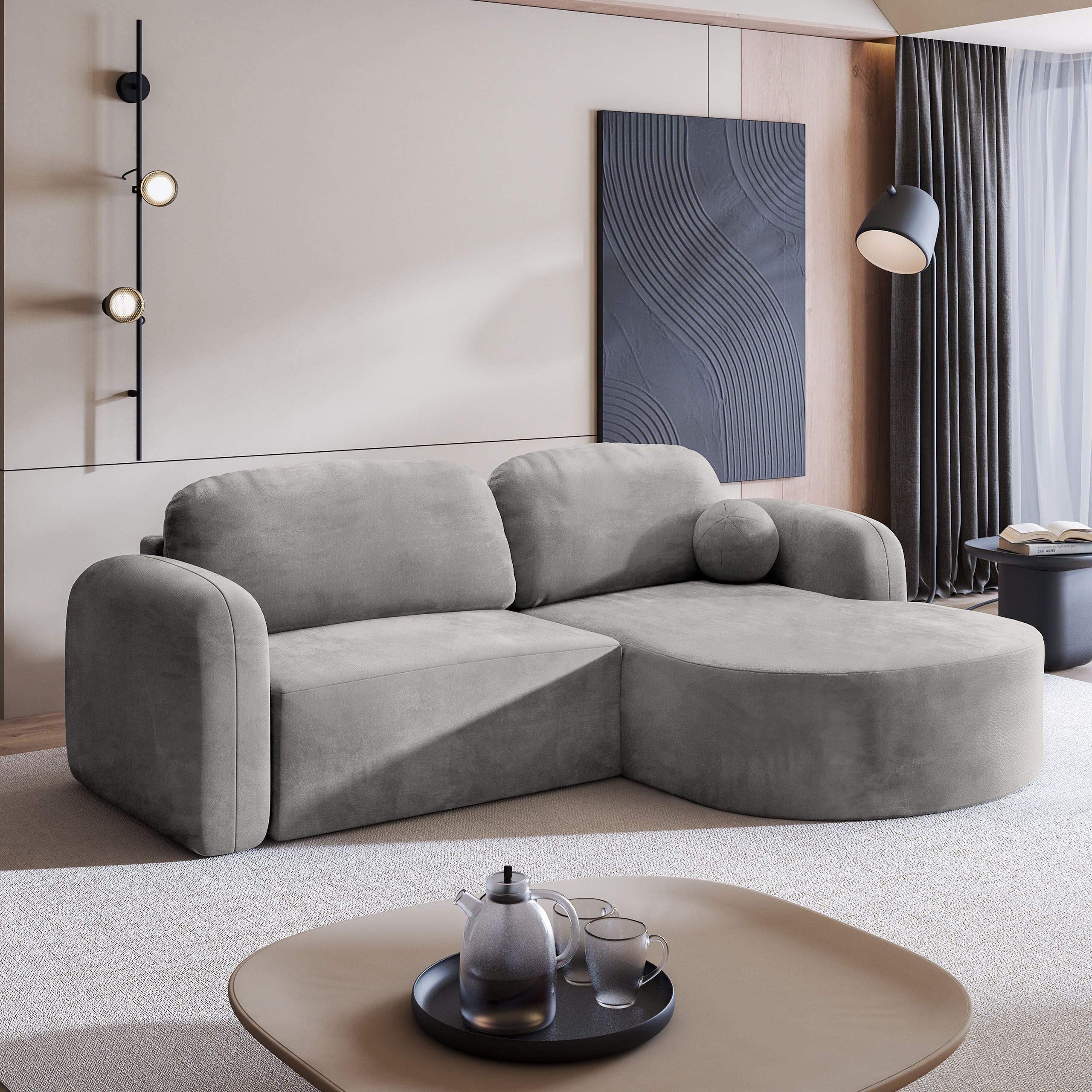 ECKSOFA AMILIA M R-S Hellgrau Velours-Stoff mit Schlaffunktion - Hellgrau, Holz (263/174cm) - MASSENO