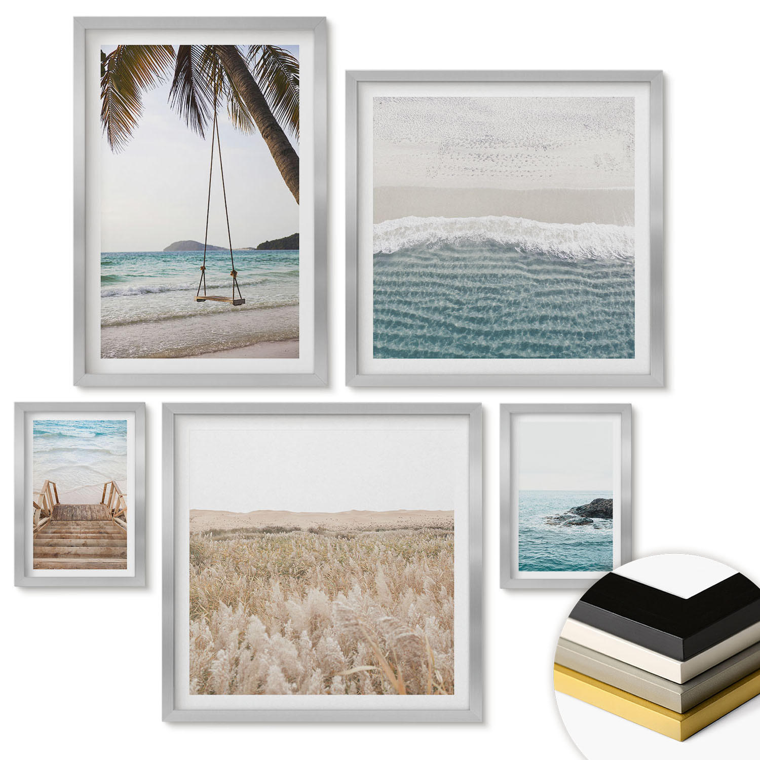 WANDBILDER 5er Set - 50x50 cm & 20x30 cm & 40x60 cm Silberner Rahmen - Treppe, Strand, Meerblick, Schaukel - Silberfarben, Kunststoff (40/60cm) - ArtPrintCave