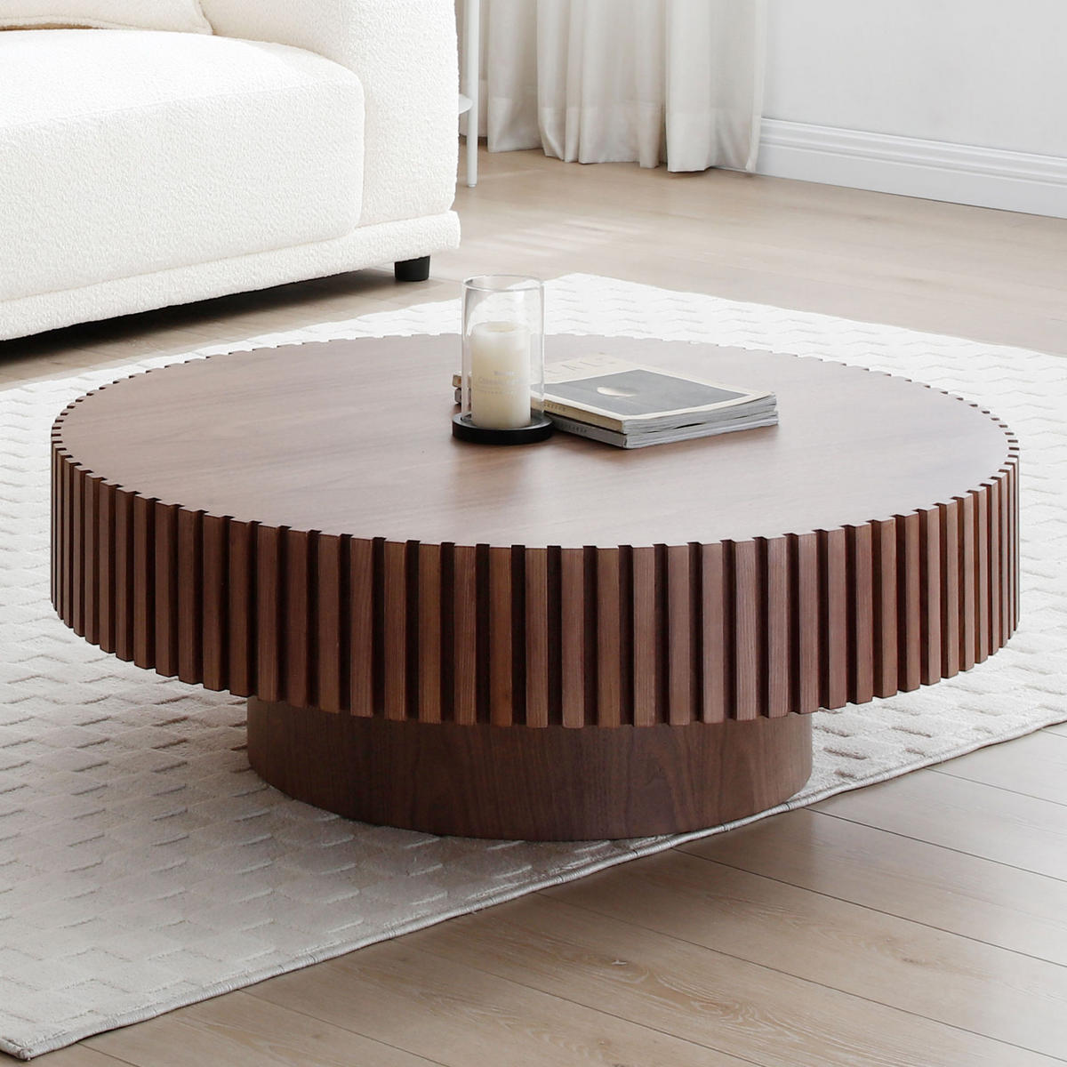 COUCHTISCH 87/87/25 cm rund aus MDF mit Rillendetail und pflegeleichter Oberfläche, Walnuss - Walnussfarben, Holzwerkstoff (80/80/35cm) - Redom