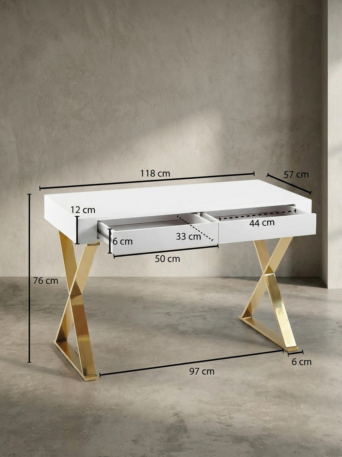 SCHREIBTISCH – Weiß Hochglanz, goldene Beine, 2 Schubladen, modern - Goldfarben/Weiß, Holz/Metall (57/118/76cm) - KADIMA DESIGN