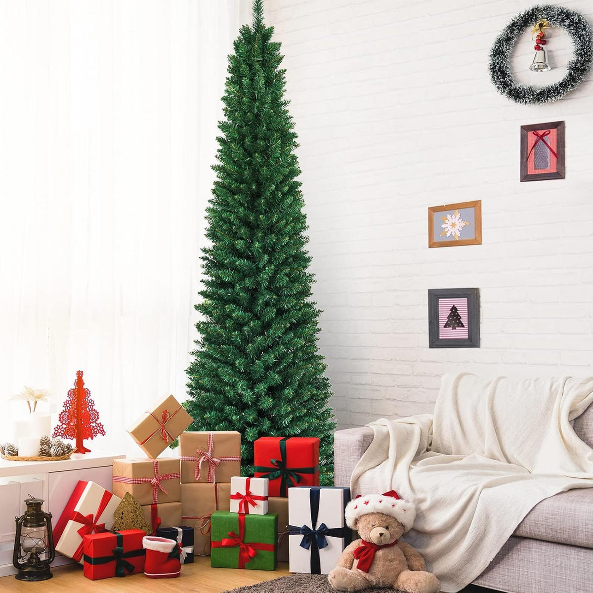 WEIHNACHTSBAUM Bleistiftform mit Metallständer 270 cm grün - Grün, Metall (270cm) - COSTWAY