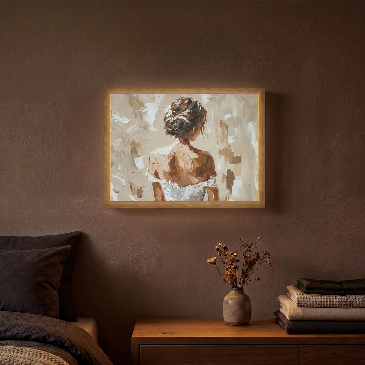 NÁSTĚNNÁ LAMPA S AKUMULÁTOREM Žena - malba - abstraktní - béžová - moderní 40x30 cm - světle hnědá, kompozitní dřevo (40/30/8cm) - OnlyWow